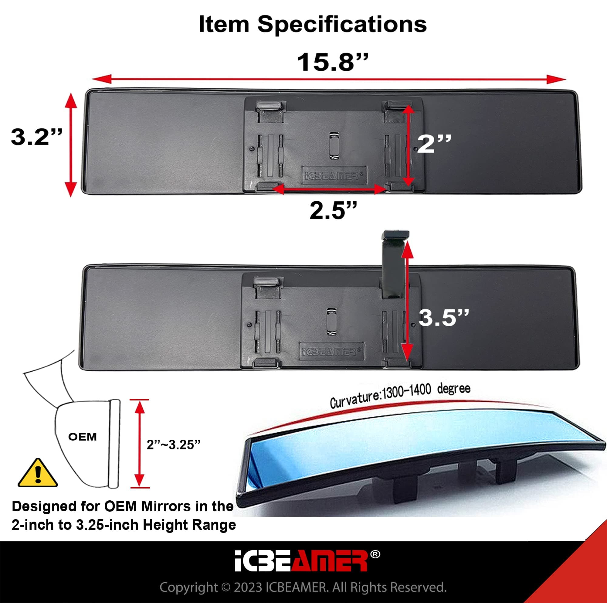 ICBEAMER 15.8" 400mm Easy Clip on Wide Angle Panoramic Blind Spot Fit Auto Interior Rearview Mirror Convex Anti-Glare Blue Surface