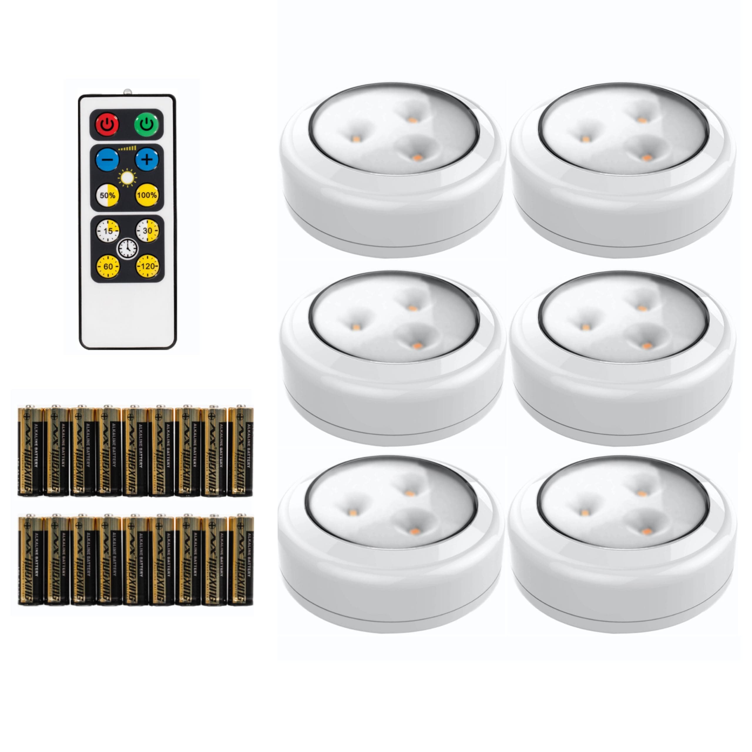 Brilliant EvolutionStick on Puck Lights with Remote, Battery Operated Wireless LED Lights for Cabinets, Stairs, Under Kitchen Cabinet Lighting, Stick on Wall Lights - 6 Pack
