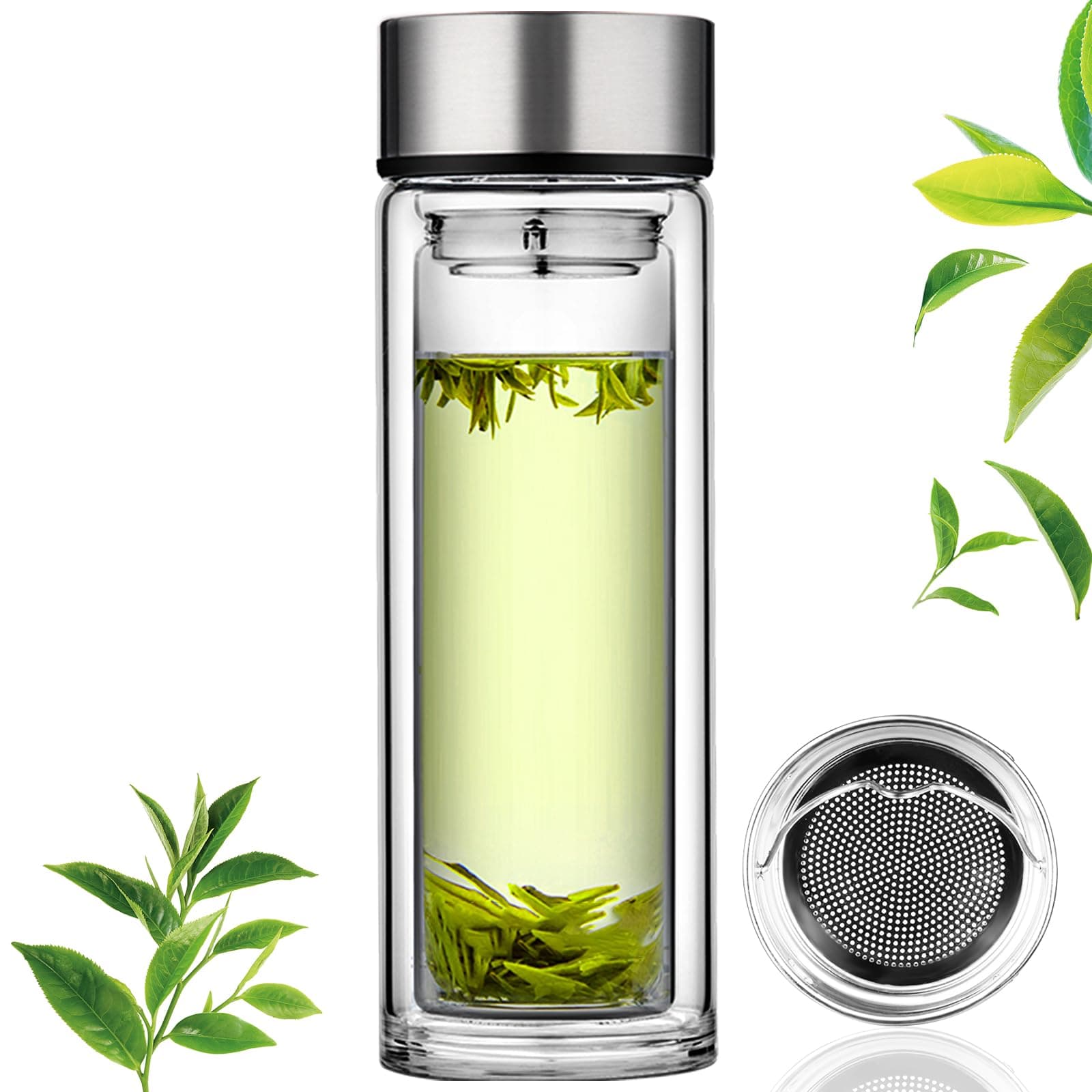 Tea Flask Tea Infuser Bottl Double Wall glass Portable Travel Mug Tea Tumbler Water Bottle Diffuser Bottles Tea Cup for Loose Tea Flower Herbal Tea Bags, Stainless Steel Tea Leak 12oz/350ml
