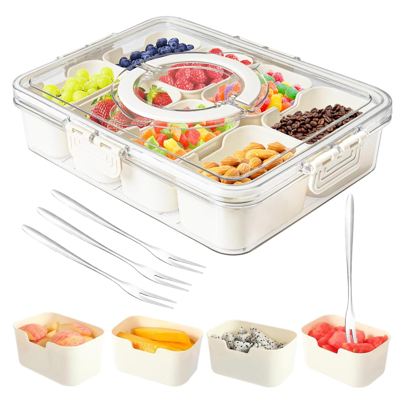 Divided Serving Tray with Lid and Handle,Snackle Box Charcuterie Container for Portable Snack Platters,8 Compartments & 4 Forks Clear Storage Organizer for Fruit,Candy,Nuts & Veggie,for Party,Picnic