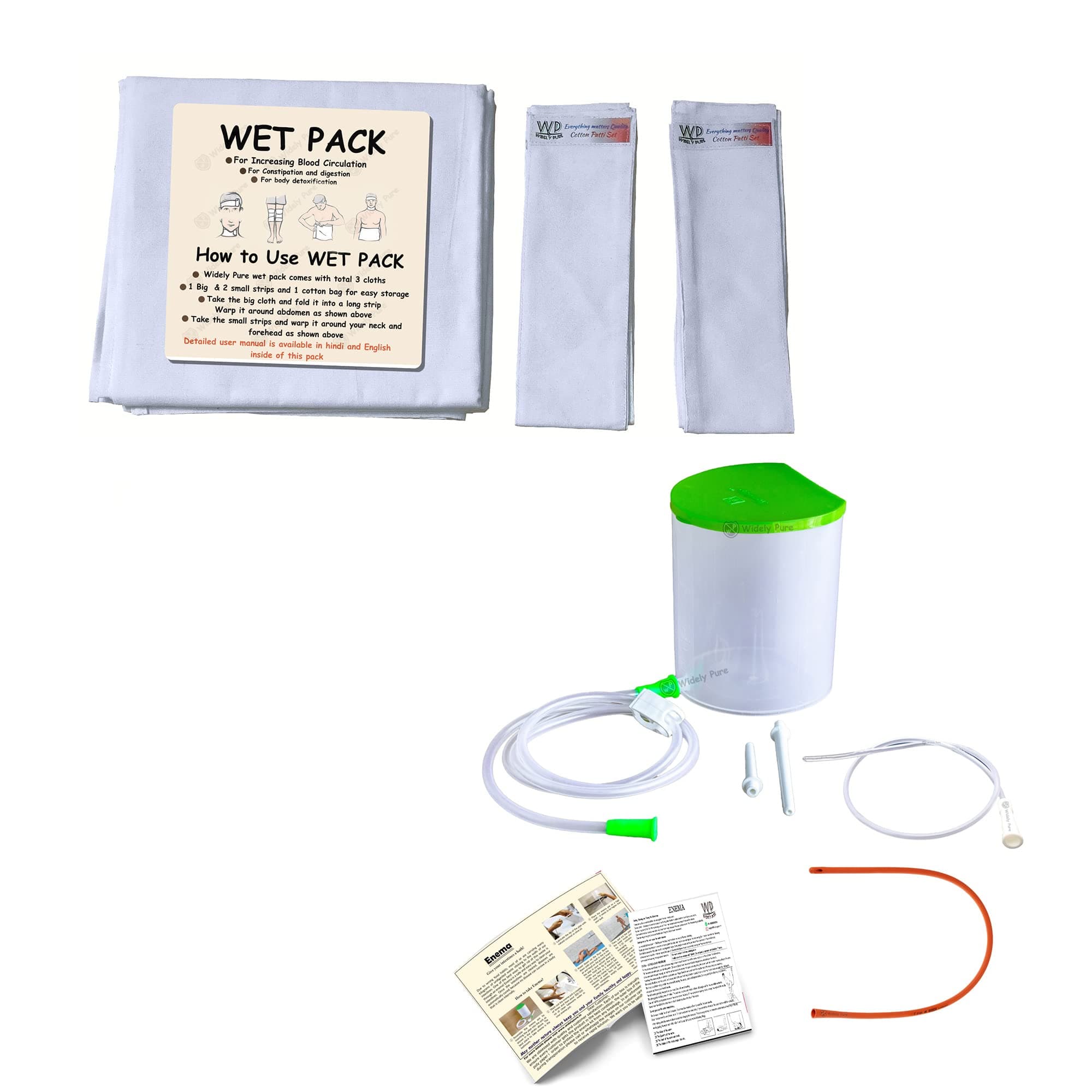 Widely Pure wet pack cotton patti set and enema kit satvik Improved Model 2 pipes extra combo pack with user manual