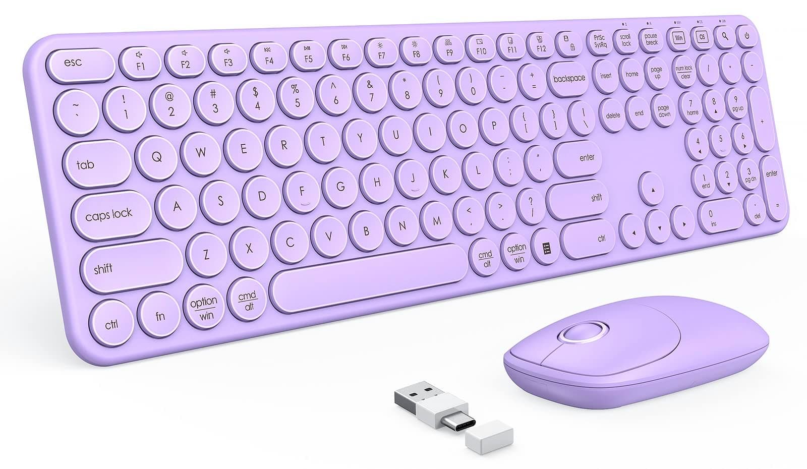 PEIOUS Wireless Keyboard and Mouse Combo, Cute Purple Keyboard & Mouse with USB and Type C Receiver, Full Size Wireless Combo Compatible for MacBook, Windows, Laptop, PC - Purple