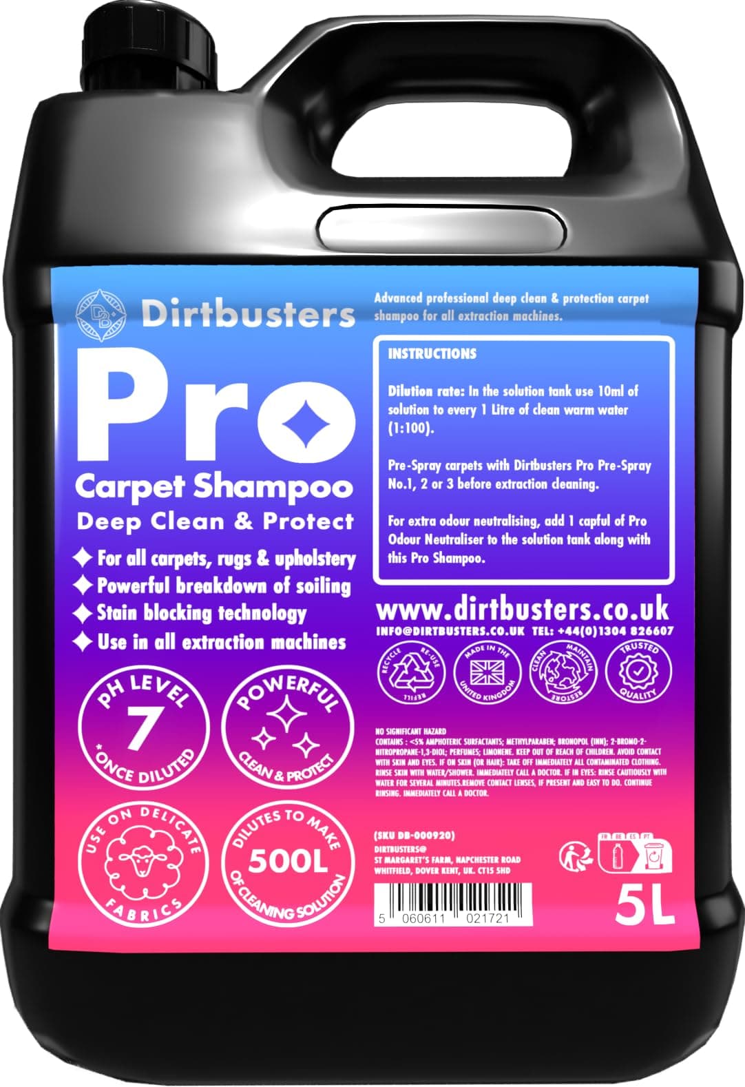Pro Carpet Cleaner Shampoo Solution, Deep Clean & Protect For A Professional Clean With Stain Protection Technology & Odour Treatment (5L)