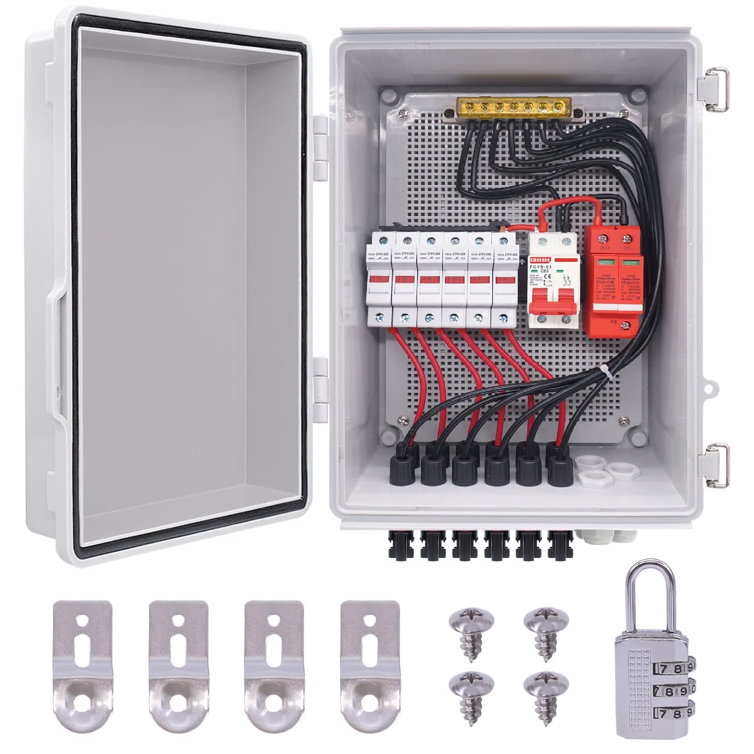 mankk 6 String PV Combiner Box IP65 Waterproof Solar Combiner Box with Lightning Arreste Solar Connector 63A Circuit Breaker and 15A Rated Current Fuse for On/Off Grid Solar Panel System PV-BOX-6X