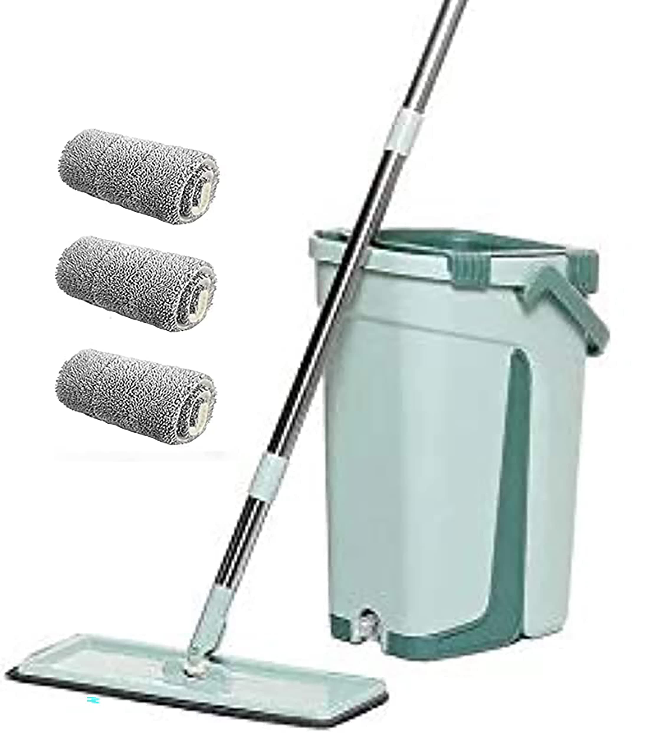 Microfiber Flat Mop with Bucket, Cleaning Squeeze Hand Free Floor Mop, 3 Reusable Mop Pads, Stainless Steel Handle,360° Rotating Head Squeeze Flat Mop Dreamons Link (Green)