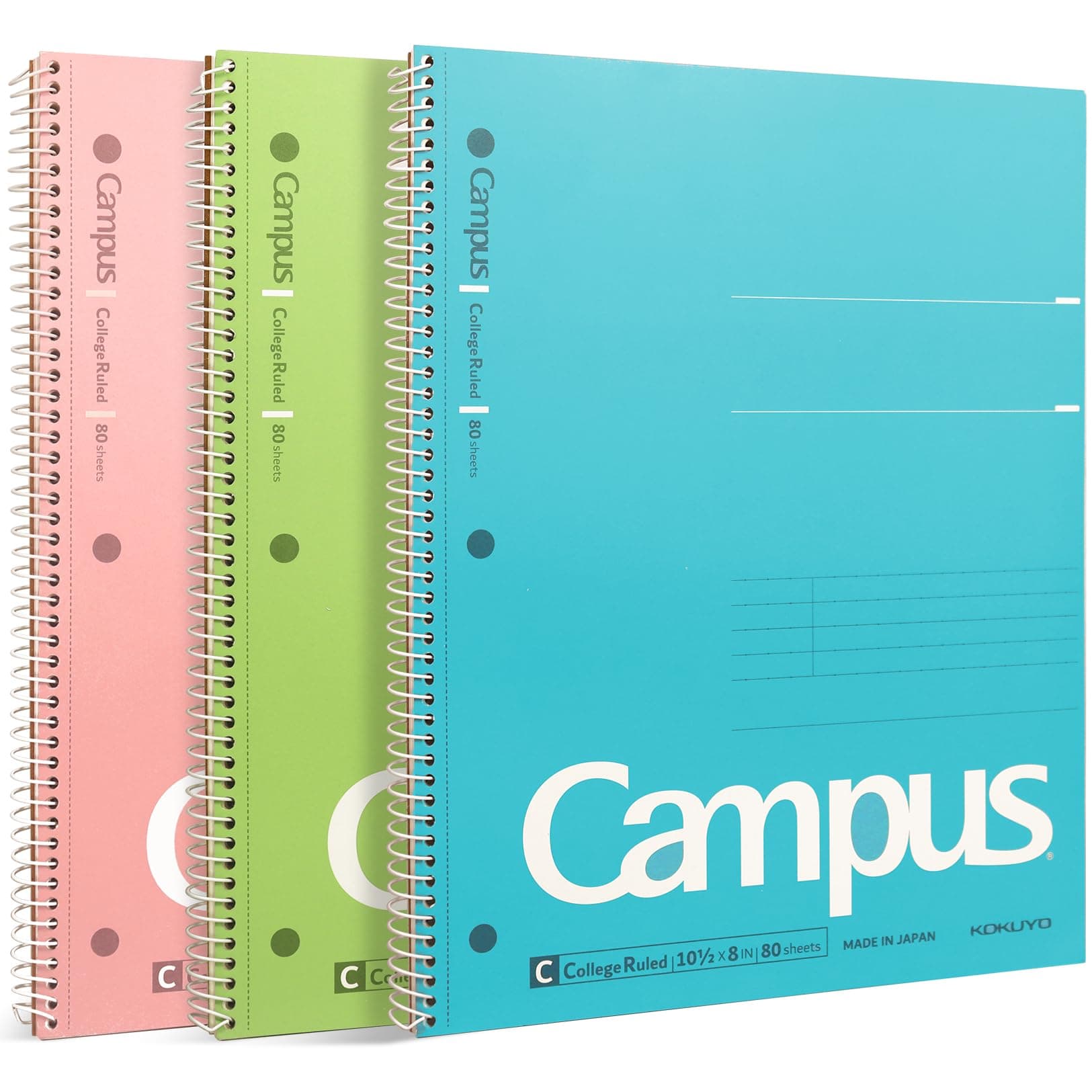KOKUYO Campus Spiral Notebook, 10-1/2” x 8”, College Ruled, 80 Sheets (160 pages), Bleed Resistant, Pack of 3 Colors - Pink, Sky Blue, Green, Made in Japan (WSG-SU-400G1×3)