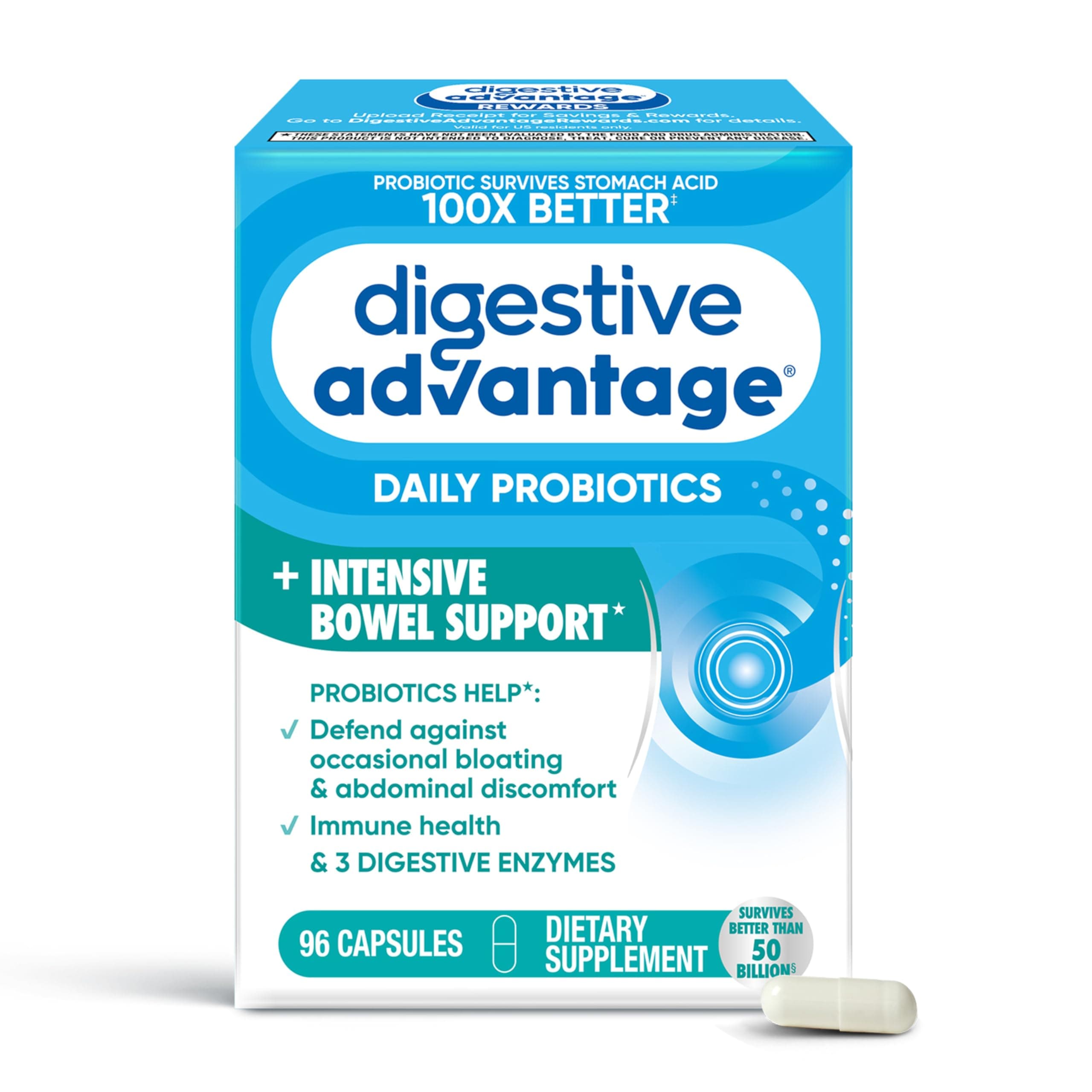 IBS Daily Probiotic Capsules for Digestive Health & Gut Health, Digestive Advantage Probiotics For Men and Women (96 count box) - Digestible Enzymes