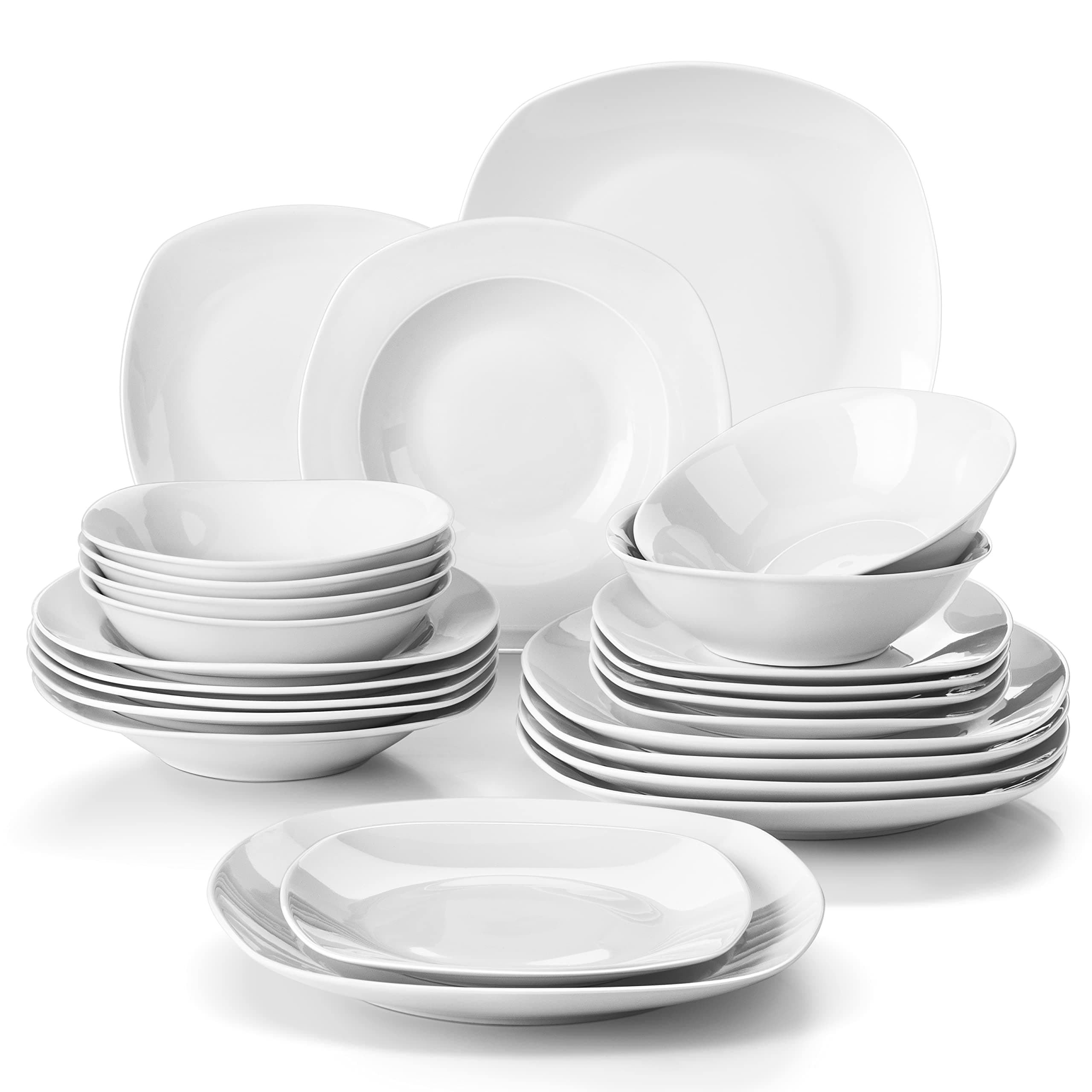 MALACASA Dinnerware Sets, 24-Piece Porcelain Square Dishes, Grey White Ceramic Dish Set for 6, Chip and Scratch Resistant Plates and Bowls Sets, Series ELISA
