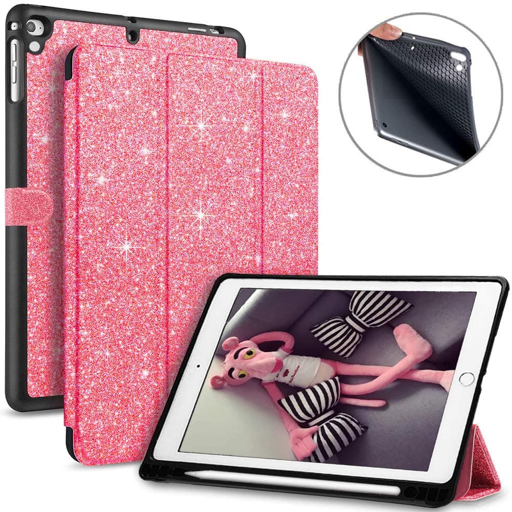 FSCOVER iPad Glitter Case 9.7 inch 2018/2017 with Apple Pencil Holder, iPad Pro 9.7/Air/Air 2 Covers, Slim Lightweight Trifold Stand Flip Cover and TPU Back Protector for iPad 6th/5th Gen,Pink