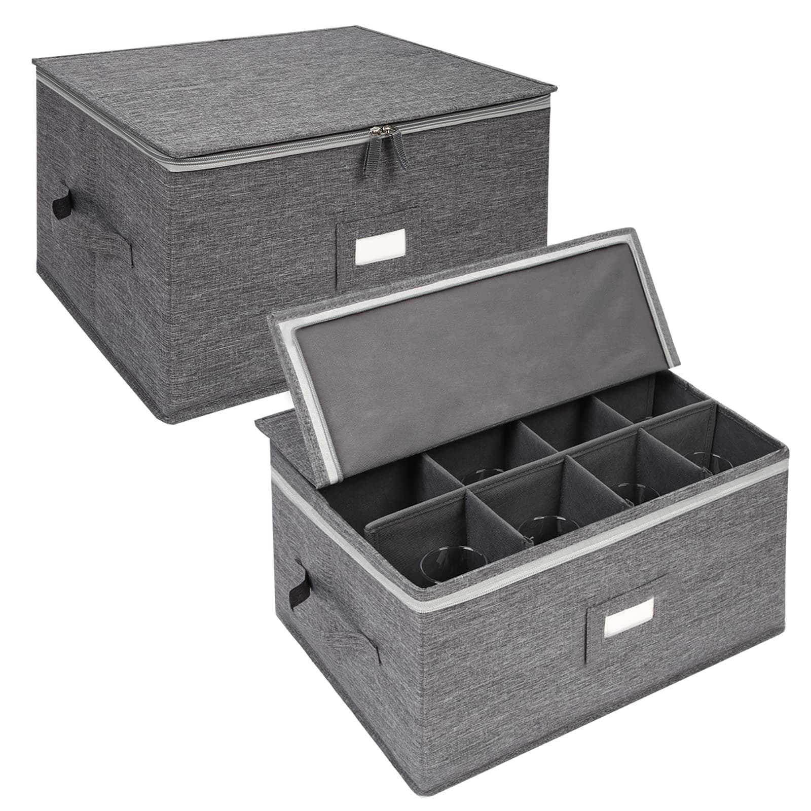 popoly Stemware Storage Containers (2 pack), Wine Glass Storage Box with Dividers for Glassware or Crystal, Holds 12 Red or White Wine Glasses, Hard Top and Stackable (Grey)