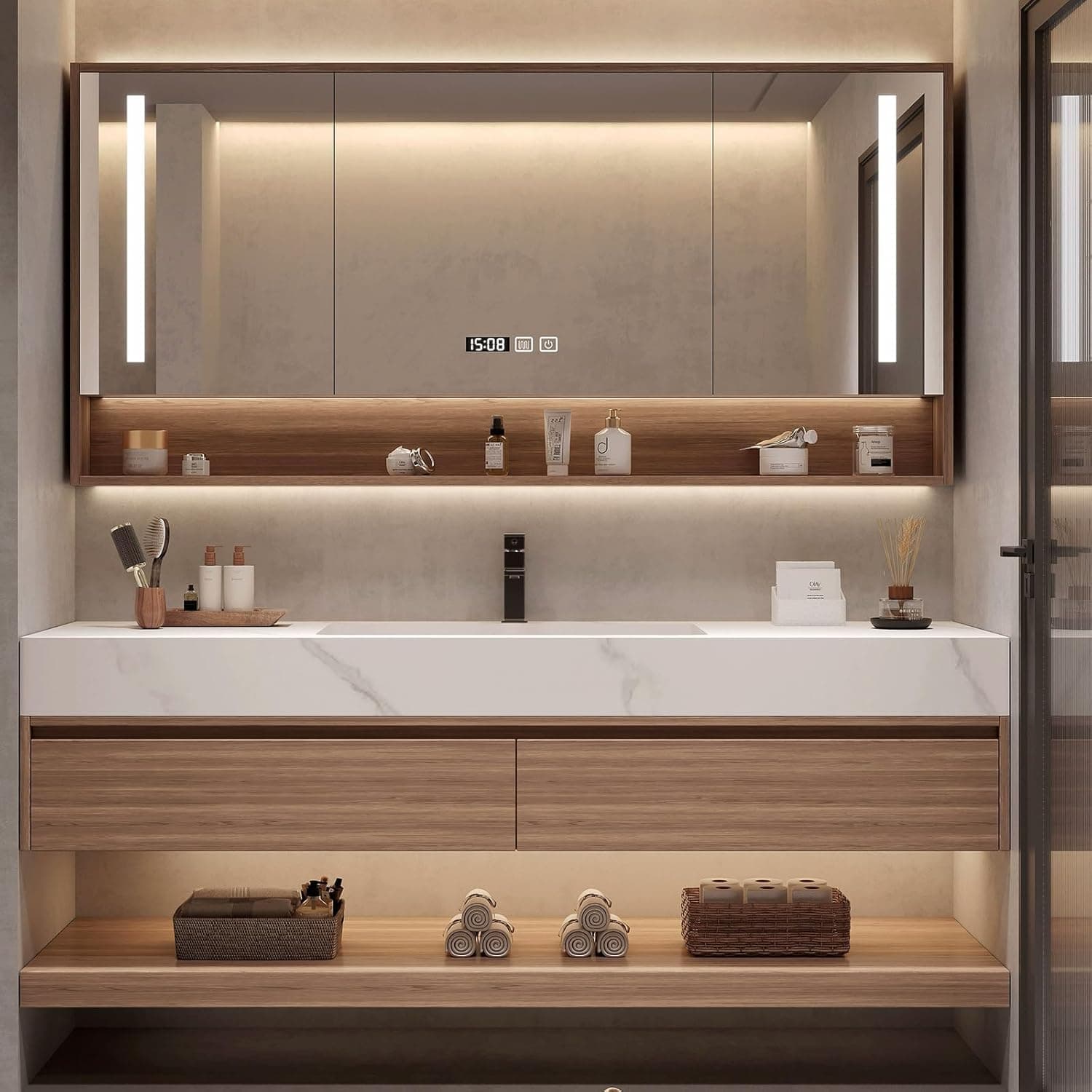 48'' Wood Bathroom Vanity Set - LED Defogging Mirror | Wall Mounted Bathroom Vanity with Sink Include Open Storage & Mirror Cabinet Storage & 2 Drawers