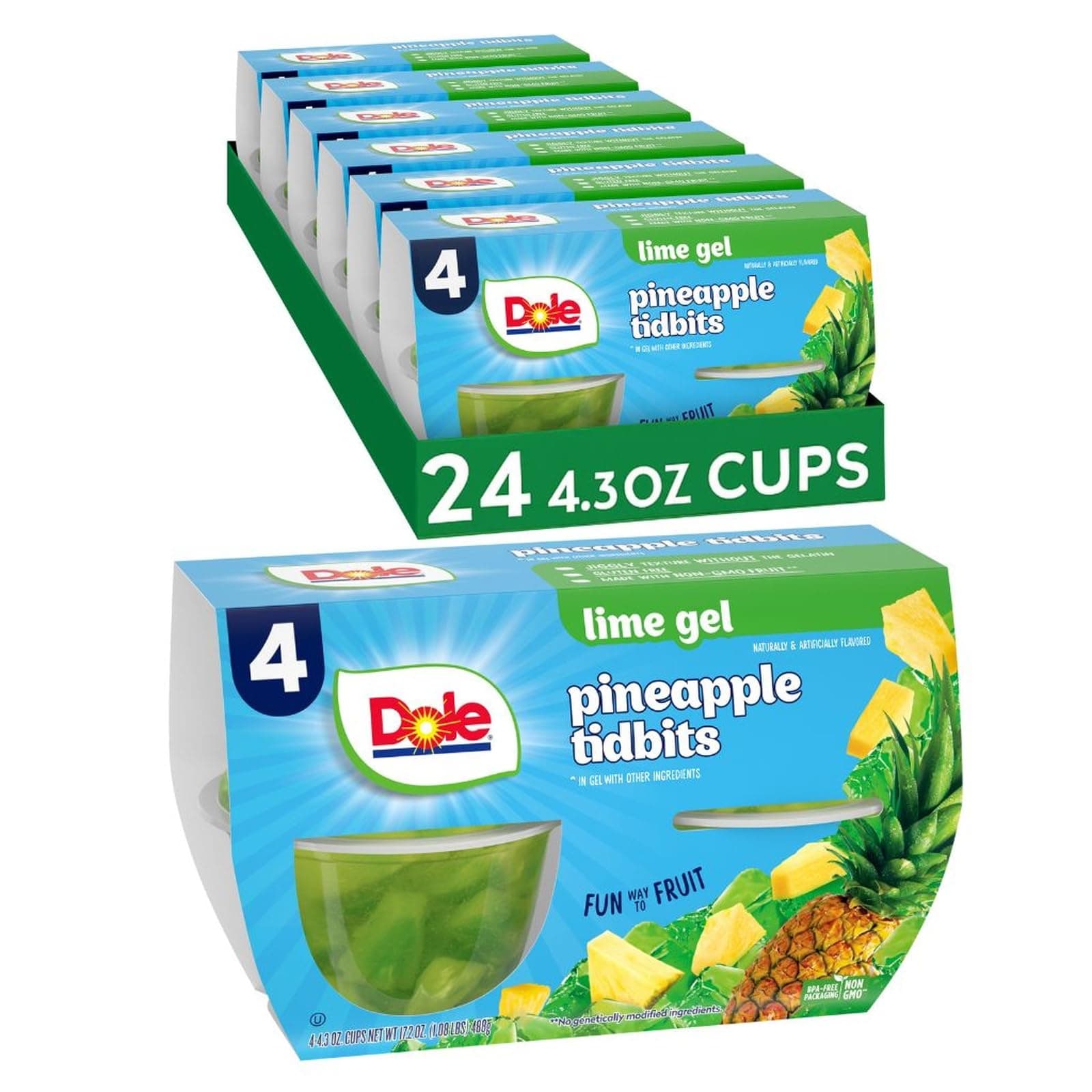 Fruit Bowls Pineapple in Lime Flavored Gel Snacks, 4oz 24 Total Cups, Gluten & Dairy Free, Bulk Lunch Snacks for Kids & Adults