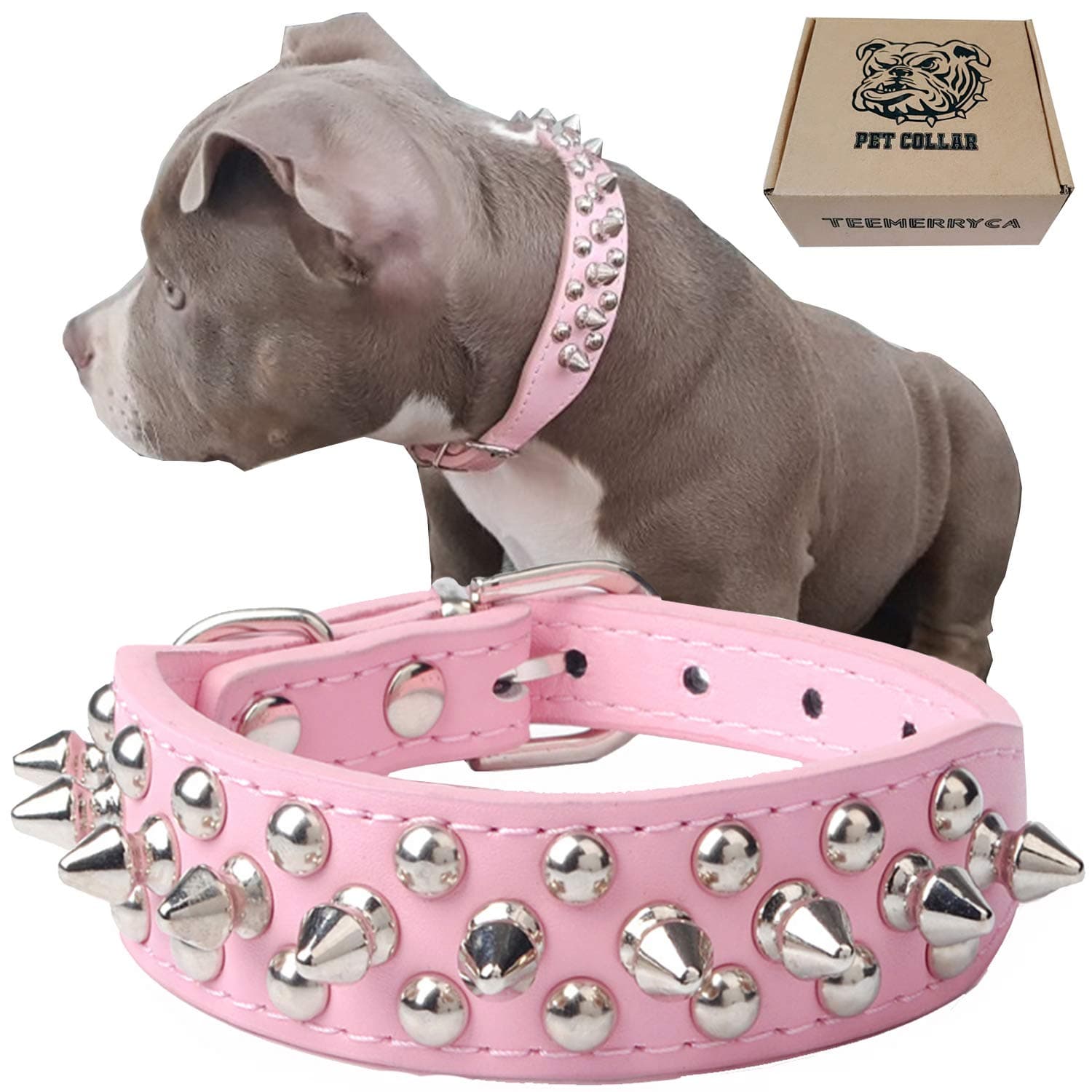 TEEMERRYCA Adjustable Leather Spiked Studded Dog Collars with a Squeak Ball Gift for Small Medium Large Pets Like Cats/Pit Bull/Bulldog/Pugs/Husky, Pink, XL 17.7-20.5 inches
