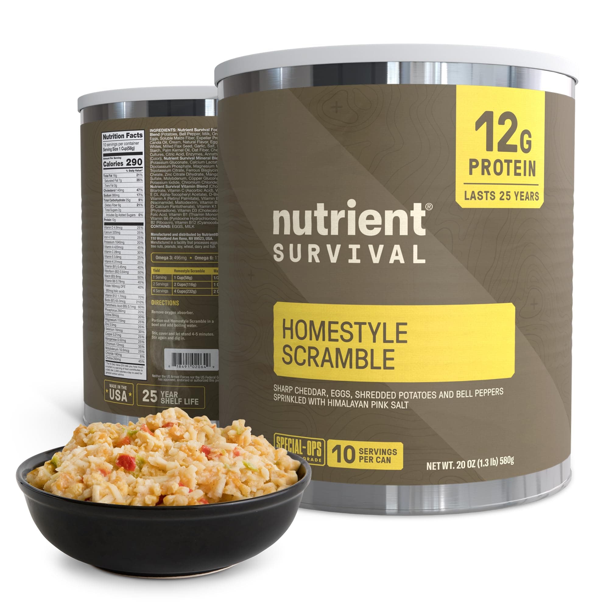 Nutrient Survival MRE Home Style Scrambled Eggs, Ready to Eat Meals (10 Servings), Freeze Dried Prepper Supplies & Emergency Food, 40 Essential Nutrients, Stable to 25 Years, 1 Can