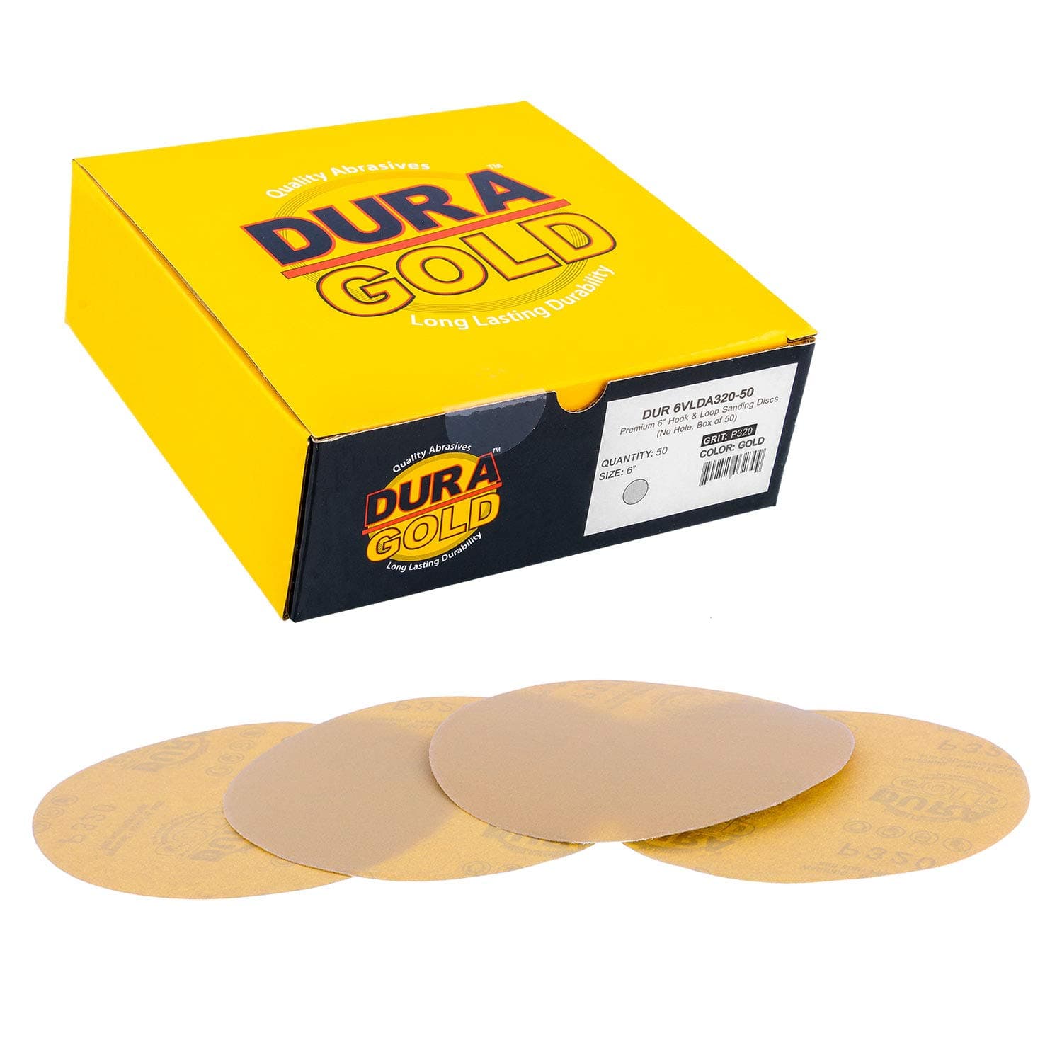 Dura-Gold - Premium - 320 Grit 6" Gold Hook & Loop No Hole Sanding Discs for DA Sanders - Box of 50 Sandpaper Finishing Discs for Automotive and Woodworking
