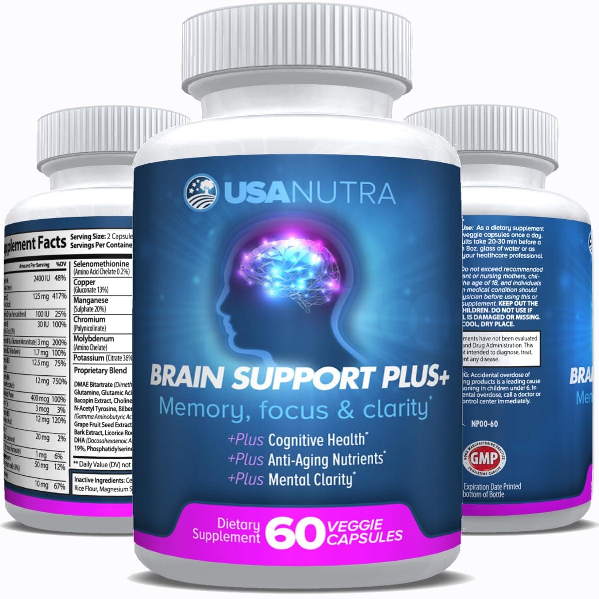 USANUTRA Brain Support Plus – Advanced Brain Vitamins Plus Nootropics for Memory Focus and Clarity, Stress Relief. Bacopa Monnieri, Omega 3, DMAE, L-Glutamine, Tyrosine, Huperzine A … 1000 mg per Day