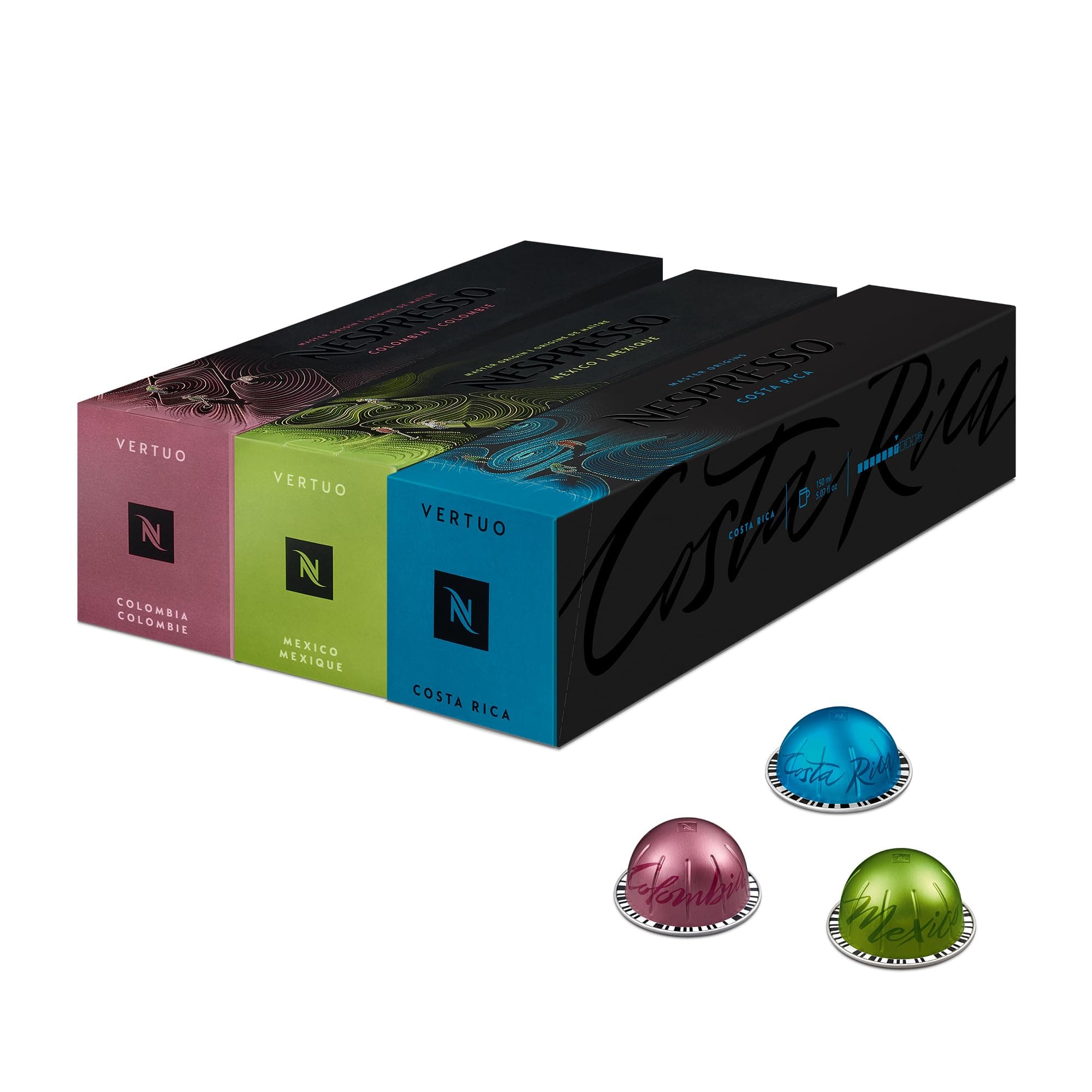 Nespresso Vertuo Coffee Pods, 30 Mixed Pack Master Origins - 10 x Mexico, 10 X Colombia, 10 X Costa Rica. Make Espressos, Cappuccino, Lattes and Iced Coffee at home. Recyclable Pods