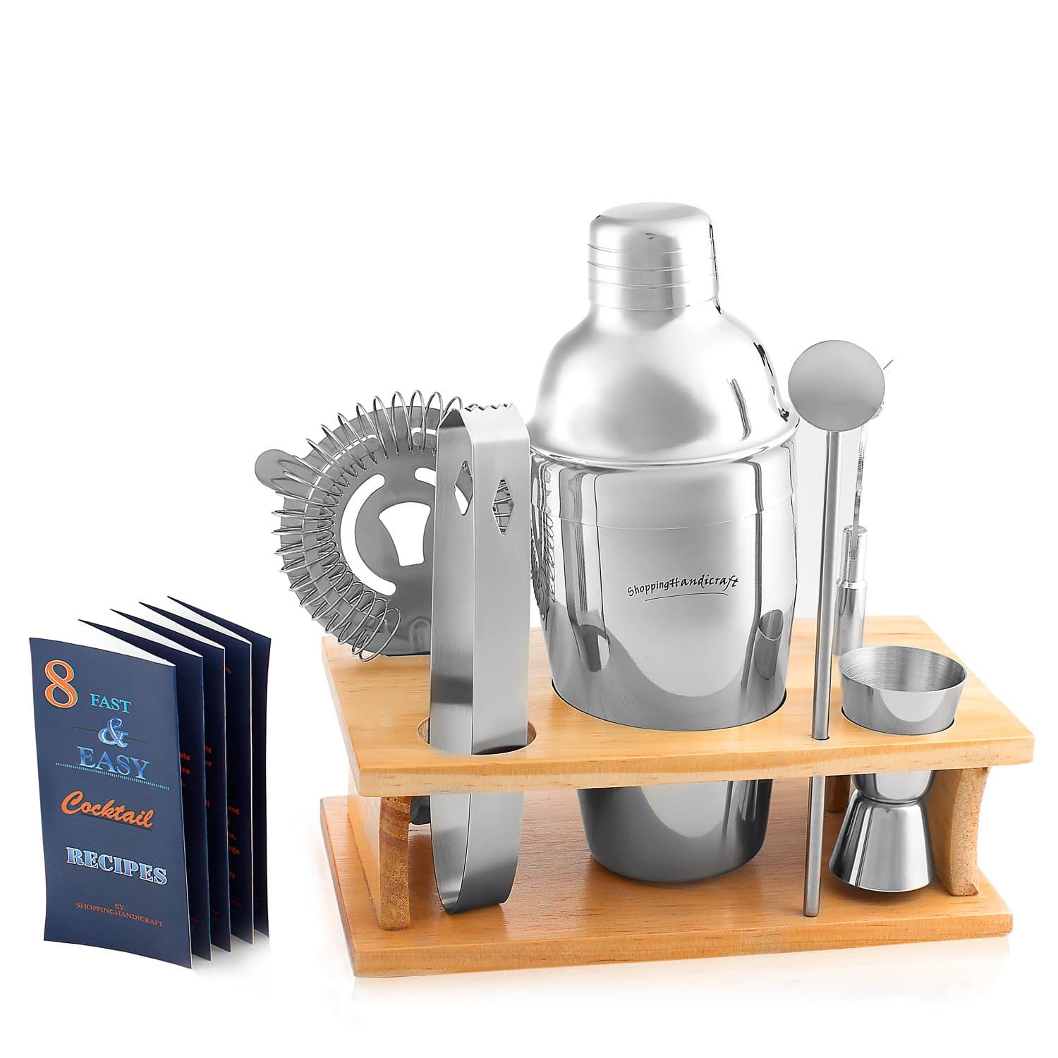 Cocktail Shaker Martini Shaker Set - Bartender Kit : Drink Shaker, Jigger, Drink Mixing Spoon, Strainer, Ice Thong, Bottle Opener, Stylish Wooden Stand, Gift Box and Bounce Cocktail Recipes Book