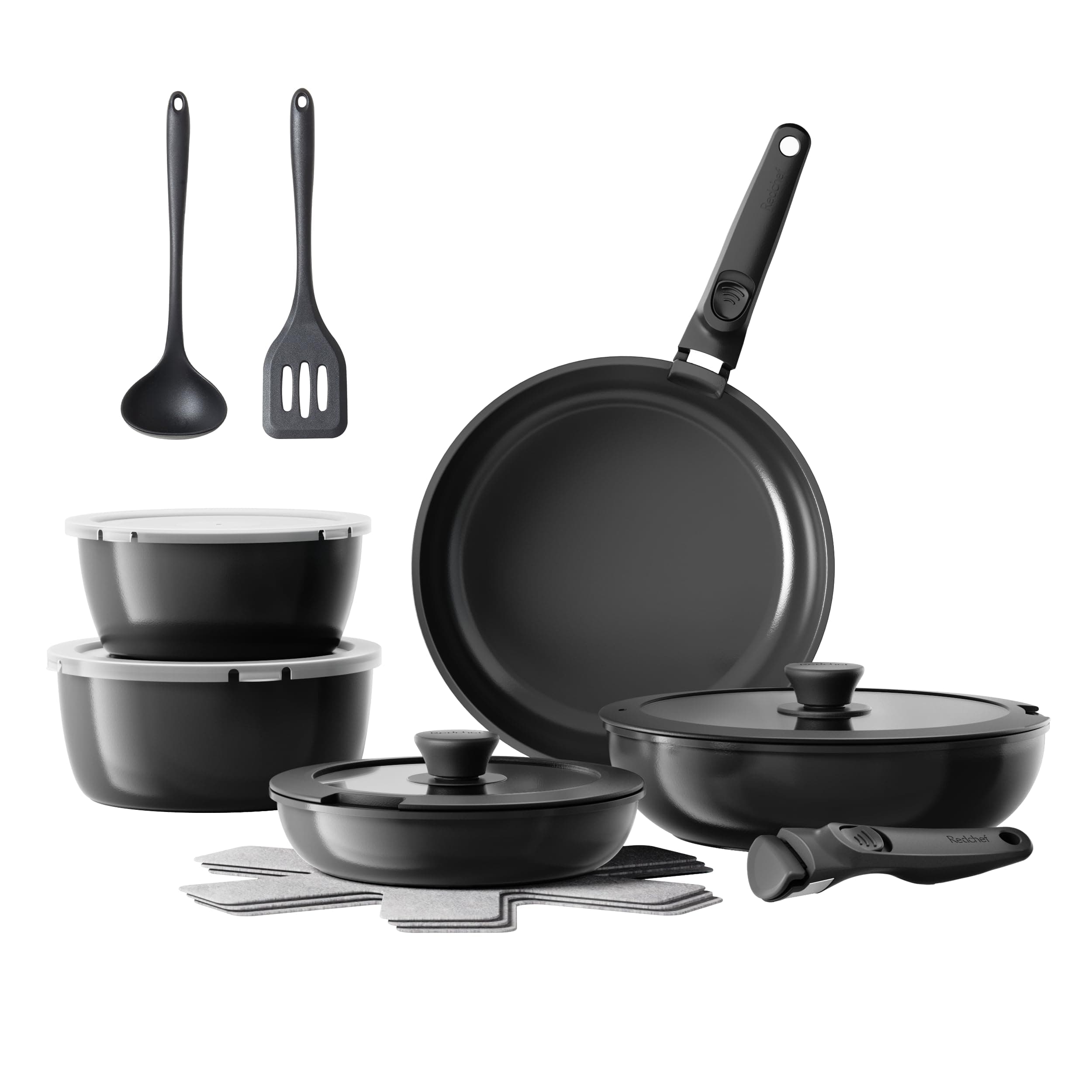 Redchef 16pcs Ceramic Pots and Pans Set Non Stick, Nonstick Kitchen Cookware Set with Detachable Handle, Non Toxic, PFAS PFOA & PTFE Free, RV Cookware Set for Camping, Dishwasher/Oven Safe (Black)