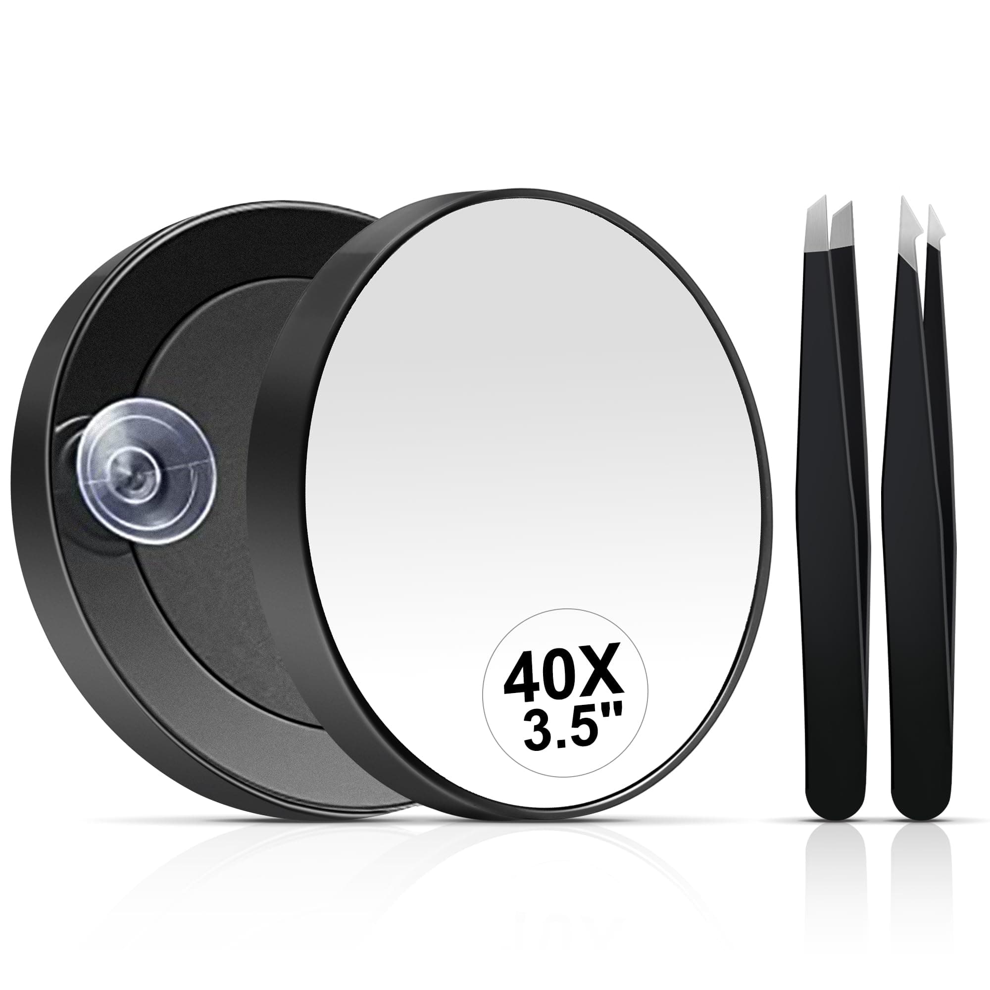40X Magnifying Mirror, 3.5 Inch Round Compact Mirror with Suction Cup, Stainless Steel Tweezers, Perfect for Makeup, Eyebrows, Beards, Travel