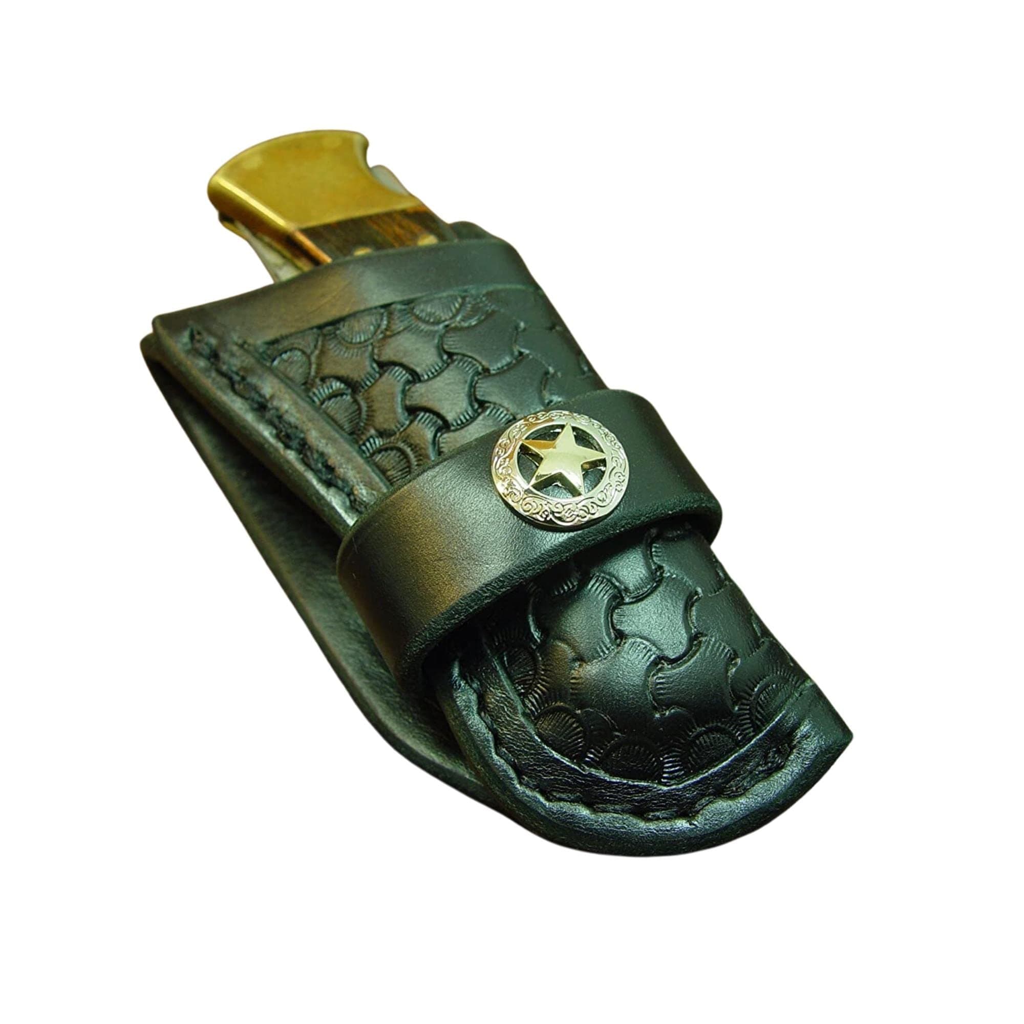 A Custom Made Western Style Buck 110 Folding Knife Sheath. This Sheath Is Made Out of 10 Ounces Water Buffalo Hide a Leather. This Sheath Is Dyed Black with a Basket Weave Tooling. The Water Buffalo Leather Is Soft and Pliable and Very Durable There's No Need to Line the Sheath for Your Finer Knives. This Is for Sheath Only the Knife Is Not Included.