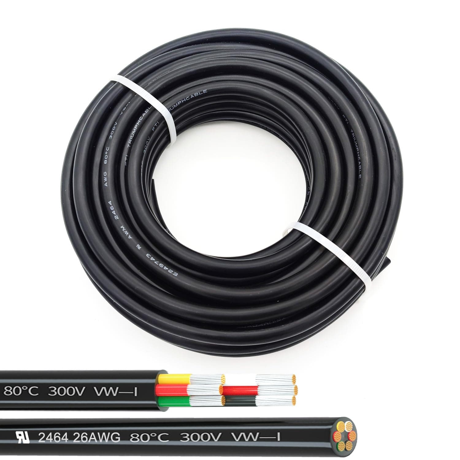 26AWG UL2464 Power Cable Stranded Electrical Wire Flexible LED Red & Black & Yellow & White & Green & Orange 6 Conductors 25ft tinned Copper