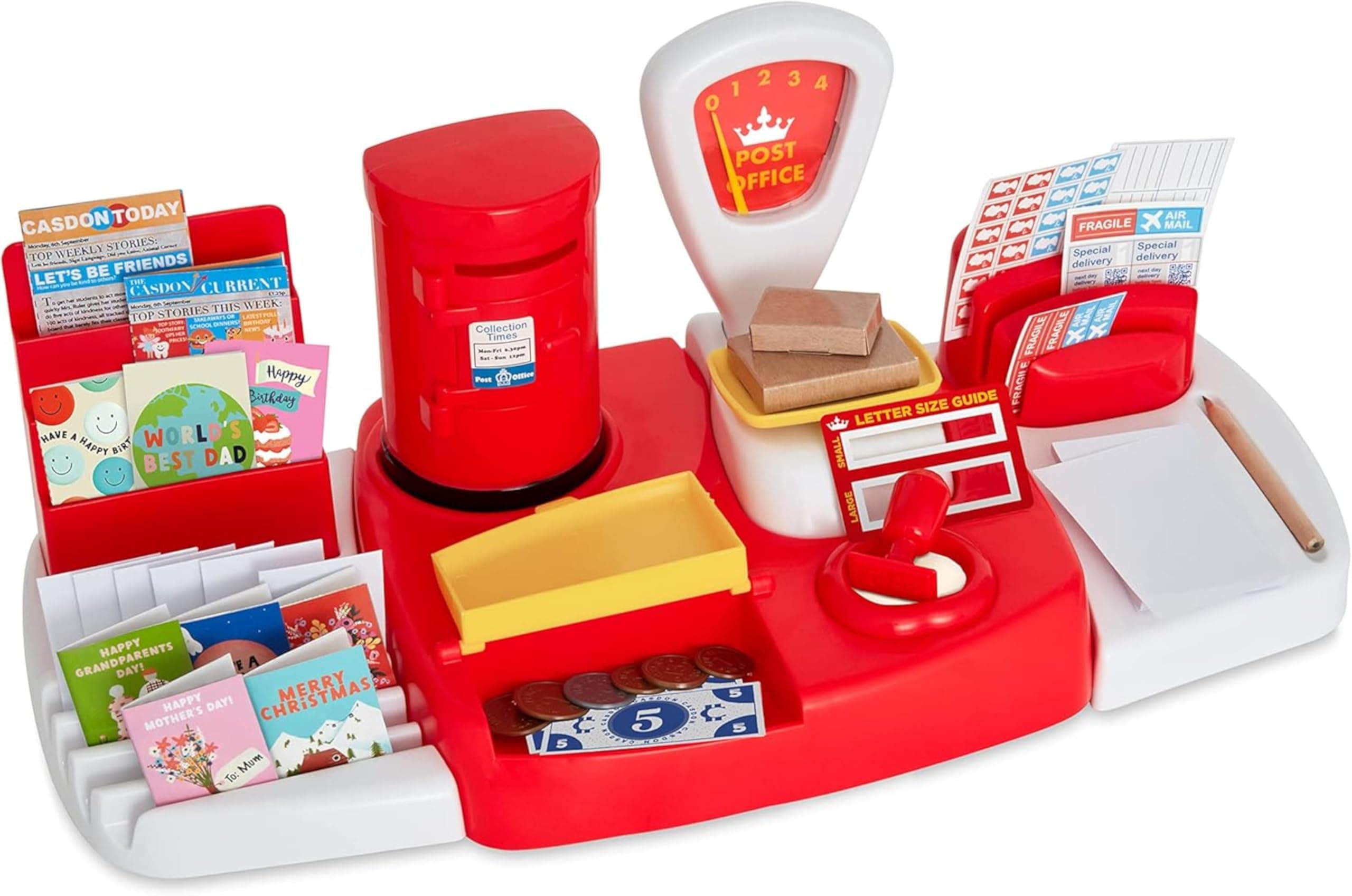Casdon Post Office Set. Realistic Postal Counter Playset. Includes Weighing Scales, Play Money, Stamp and More. For Ages 3+