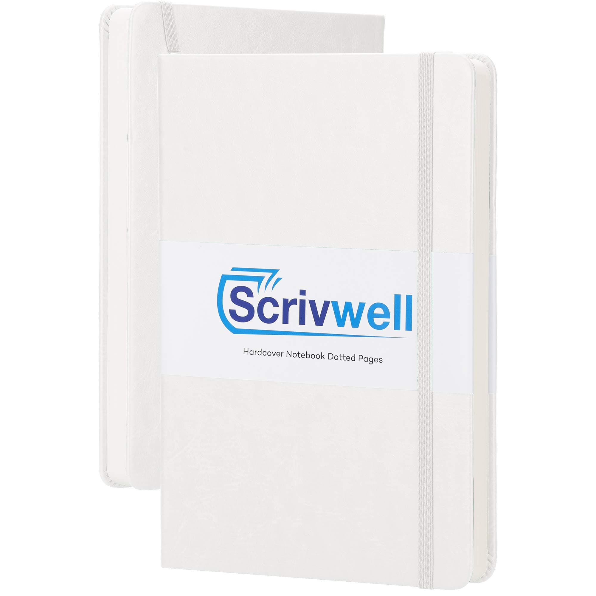 Scrivwell Dotted A5 Hardcover Notebook - 208 Dotted Pages with elastic band, two ribbon page markers, 120 GSM paper, pocket folder - great for bullet journaling - White