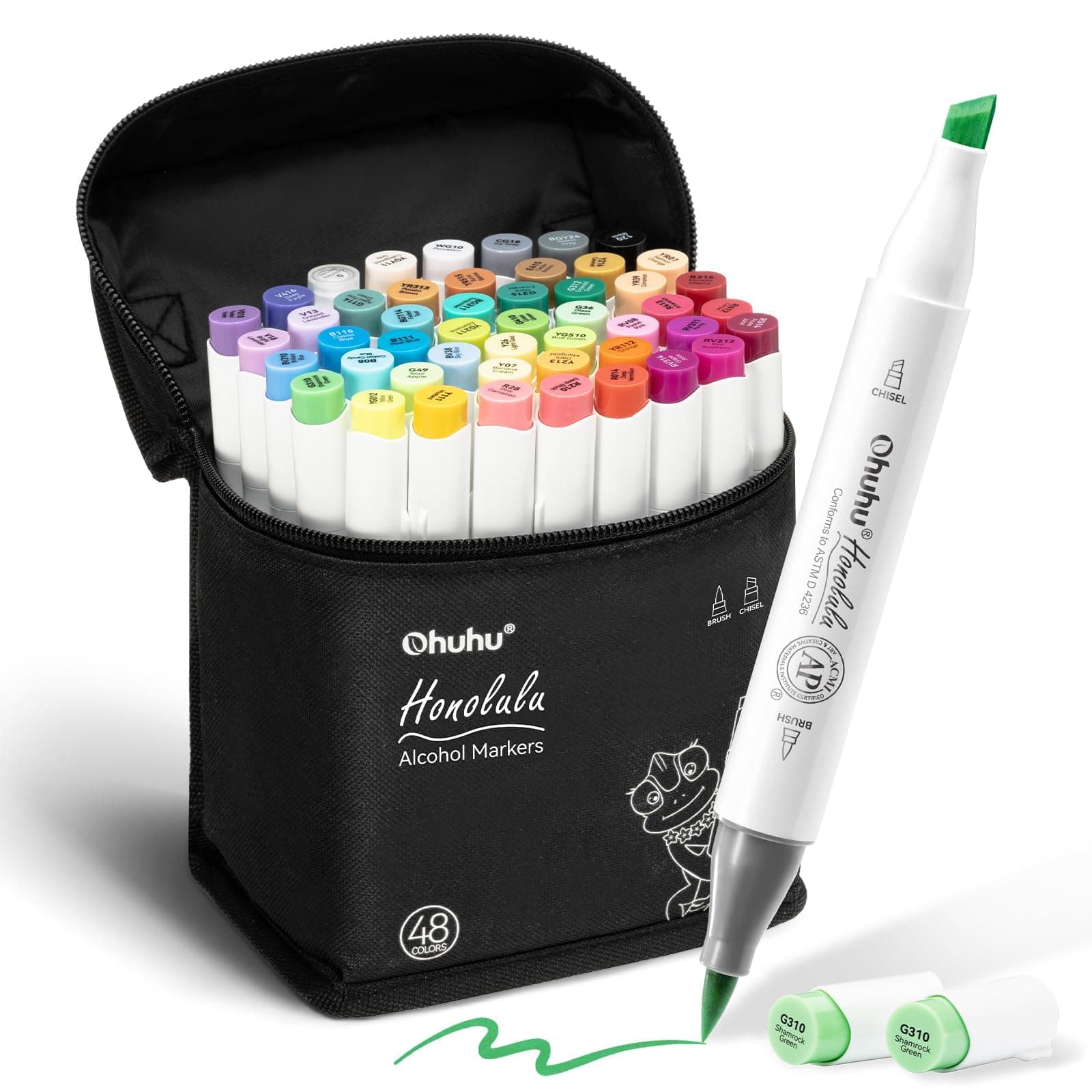 Ohuhu Alcohol Markers Brush Tip: 48-Color Double Tipped Art Marker Set for Artist Adults Coloring Illustrations -Honolulu -Brush & Chisel -Refillable, Multicolor