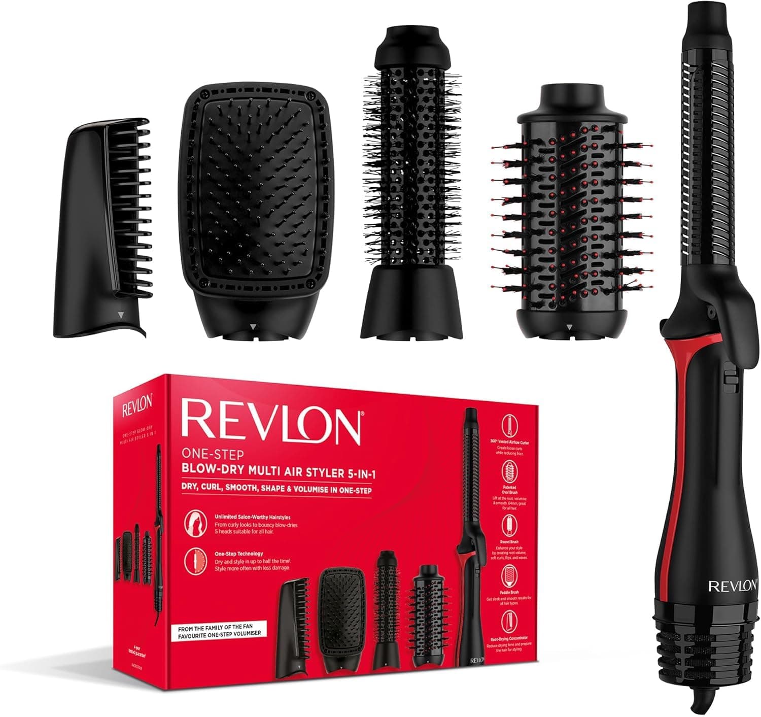 Revlon One Step Blow-Dry Multi Air Styler 5 in 1 Dryer, 360 Vented AirFlow Curler, Volumiser Oval, Paddle, Round, Root-Drying Concentrator - 4 Heat Settings RVDR5371 - Black