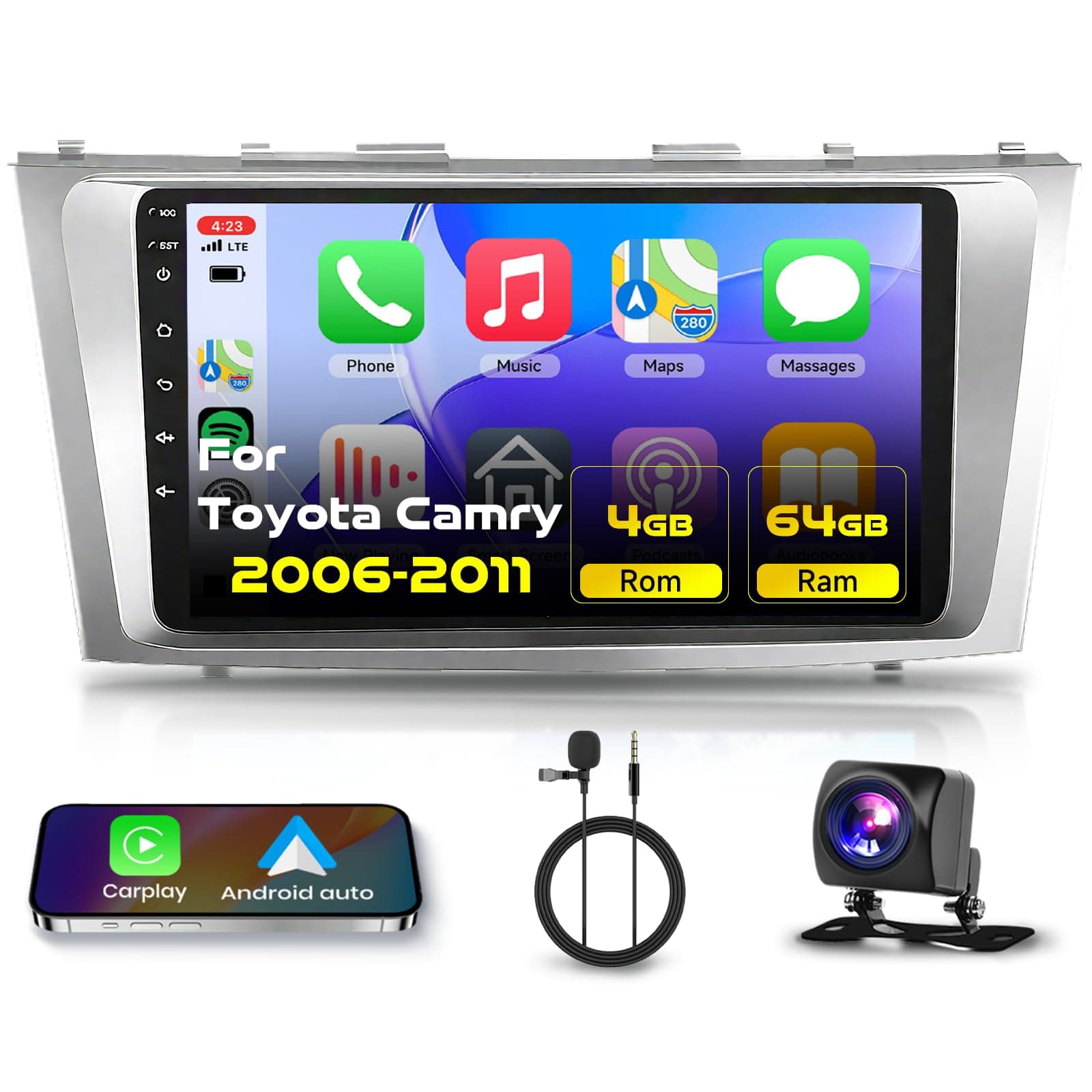 for Toyota Camry 2006 2007 2008 2009 2010 2011 Android 15 Car Stereo 9 Inch HD Touch Screen Car Radio with Wireless CarPlay Android Auto, 5GHz-WiFi, GPS Navigation, BT, FM Radio,Rear Camera 4G+64G