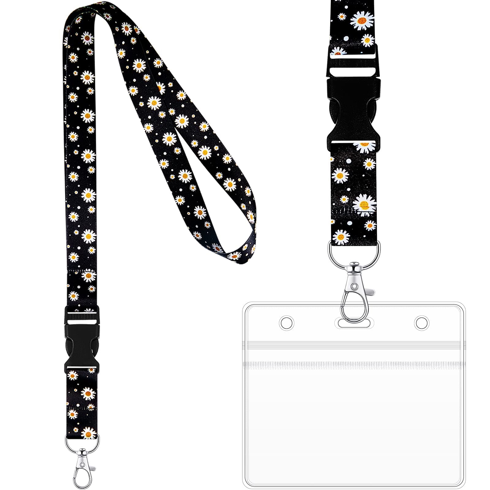 Tenare Daisy Lanyard with Card Protector Holder Daisy Neck Strap Flower Lanyard with Metal Clasp and Waterproof Transparent Card Protector Office Accessories(Black)