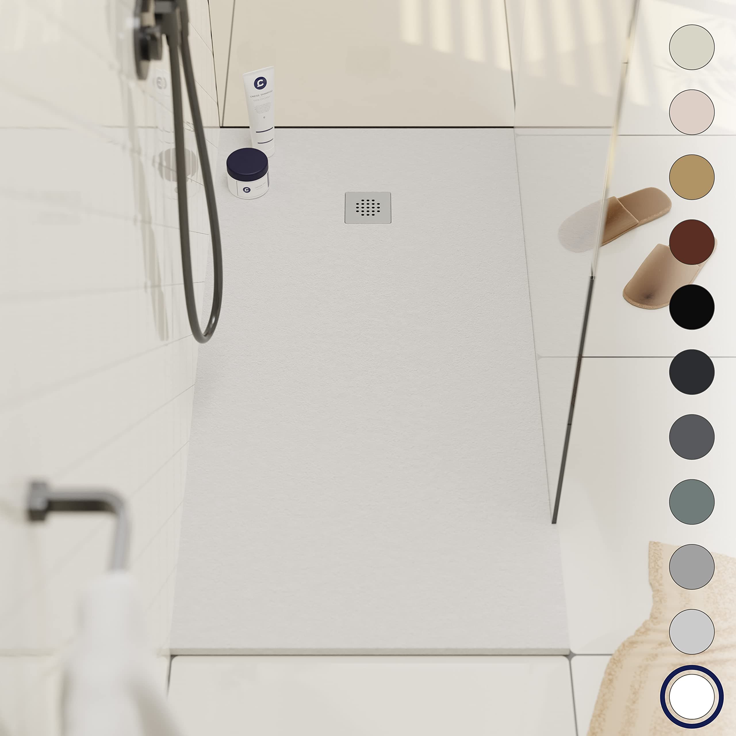 Ebro Shower Tray Stone Resin - Anti Slip & Low Profile - Matte & Slate Effect - Grid Included - Shower Waste Not Included - White RAL 9016-700 x 700