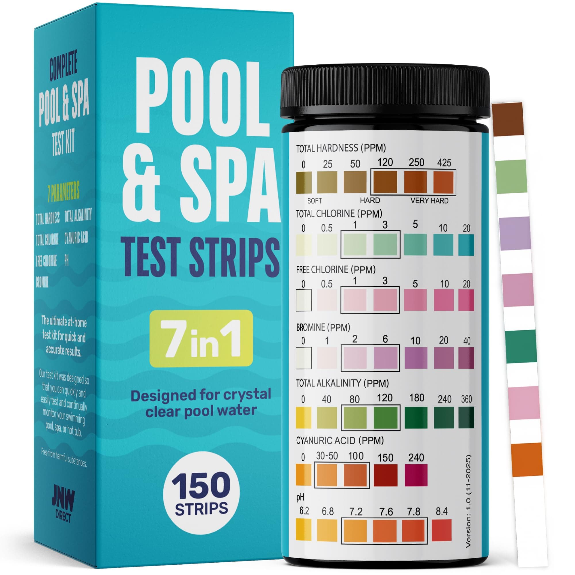 JNW Direct Pool Test Strips 7-in-1, 150 Quick and Accurate Pool and Hot Tub Test Strips - Pool Water Testing Kit for Chlorine, Bromine, pH, Hardness, More - All in 1 Swimming Pool Test Strips by