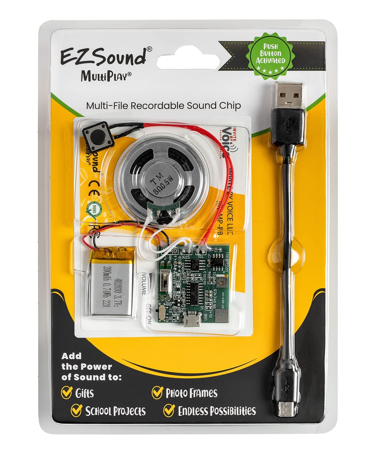EZSound Multiplay Push Button Recordable Sound Chip | Plays Multiple Recordings | Recordable Sound Module | Push Button Control | Card Sound Recorder | Card Voice Recorder | Custom Button Record