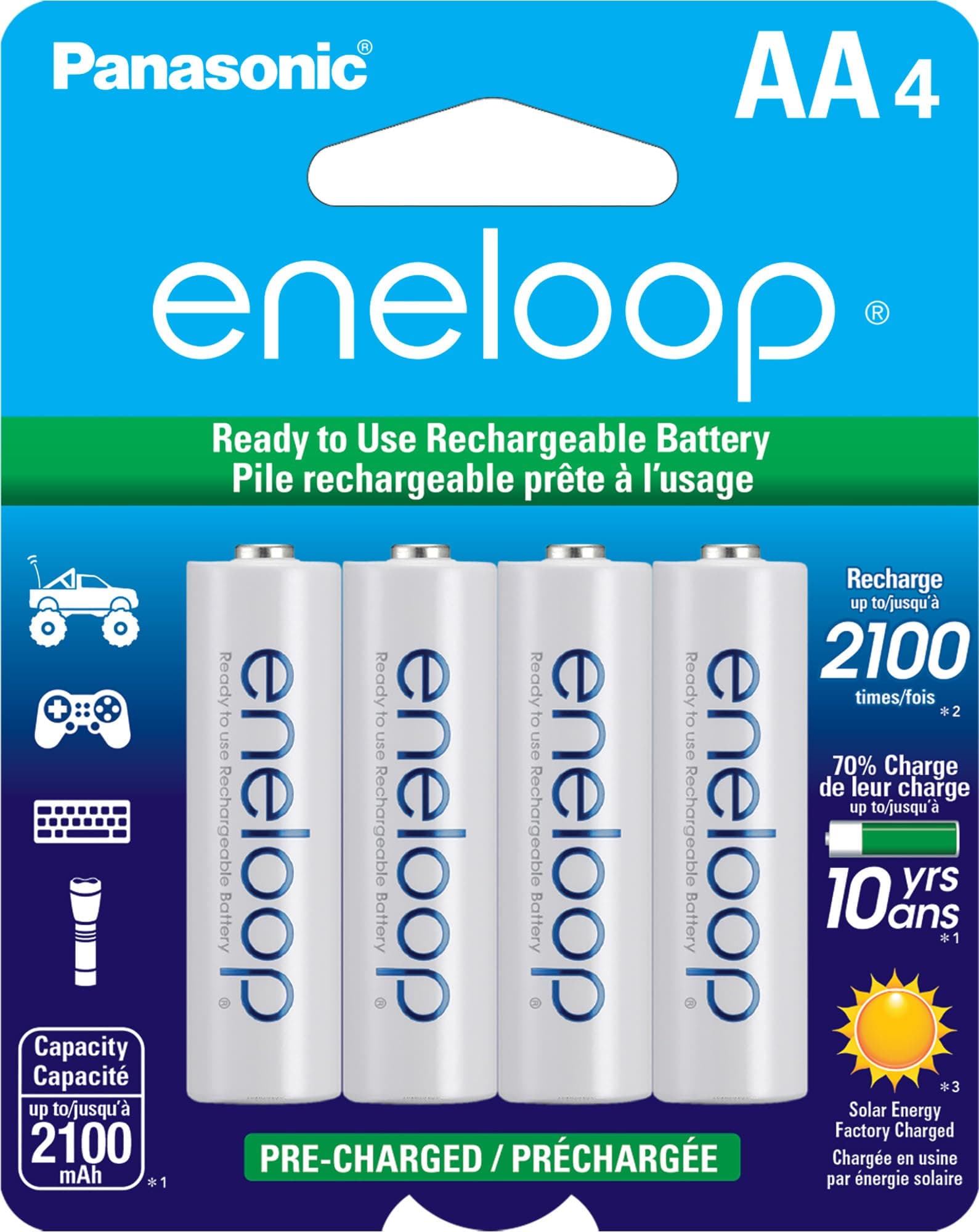 Eneloop Panasonic BK-3MCCA4BA AA 2100 Cycle Ni-MH Pre-Charged Rechargeable Batteries, 4-Battery Pack