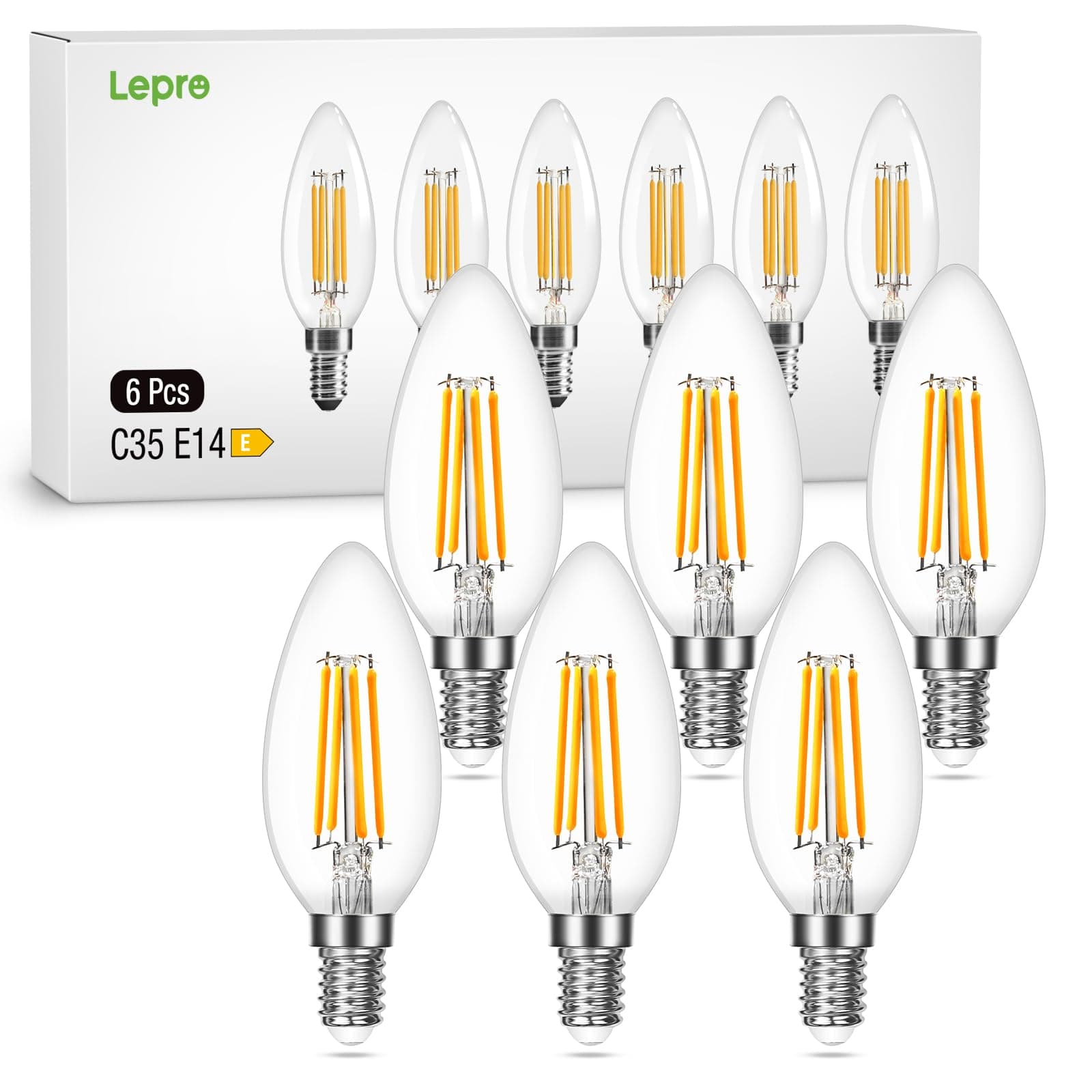 E14 LED Light Bulb, LED Candle Bulbs Small Screw, 4W 470lm, 40W Equivalent E14 C35 Bulb Vintage, Warm White 2700K, 360° Beam, Non Dimmable, Filament Bulbs for Chandeliers and More, Pack of 6
