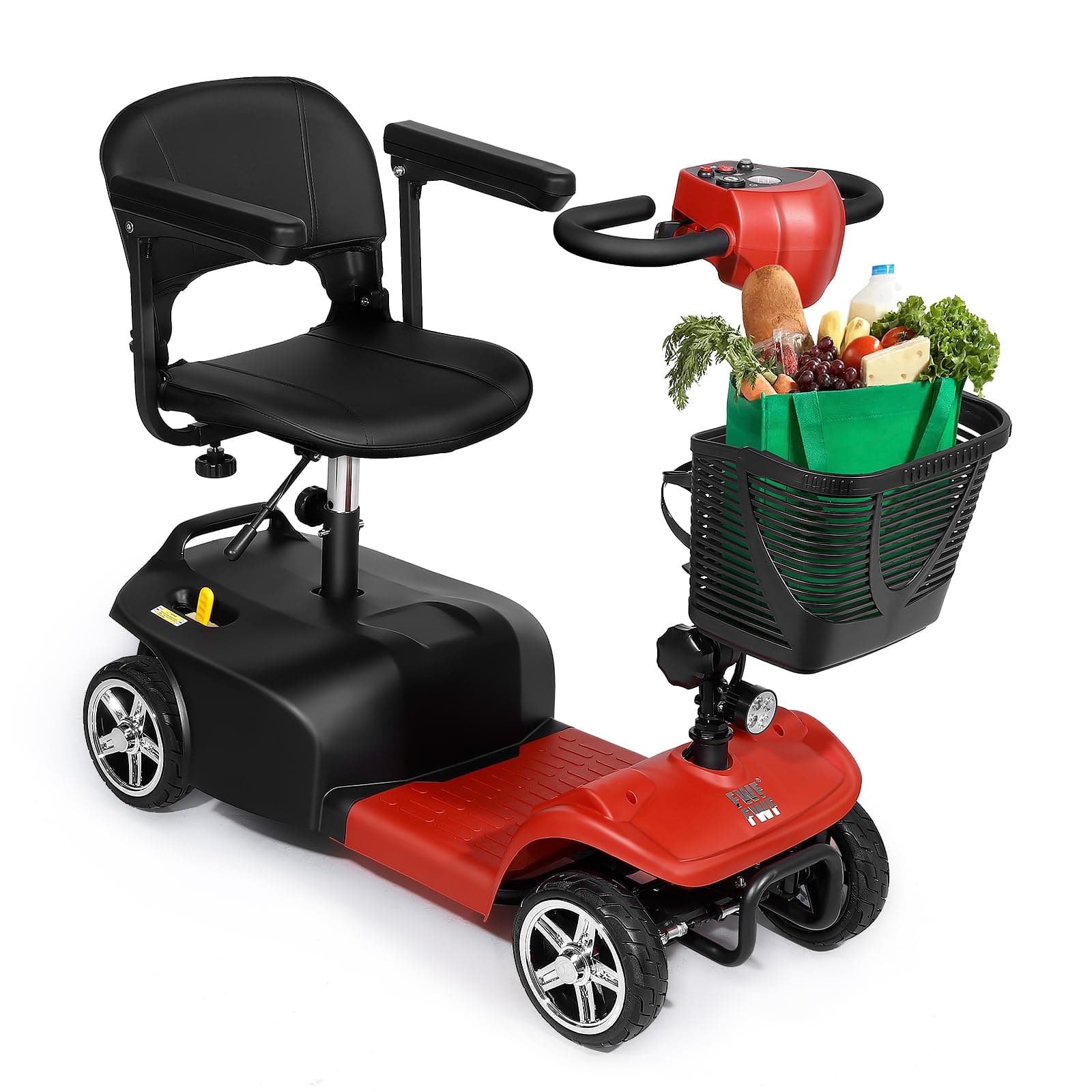 Folding 4-Wheel Mobility Scooter, Electric Power, Removable Basket, Fast Charging, Lightweight Aluminum Frame, Red