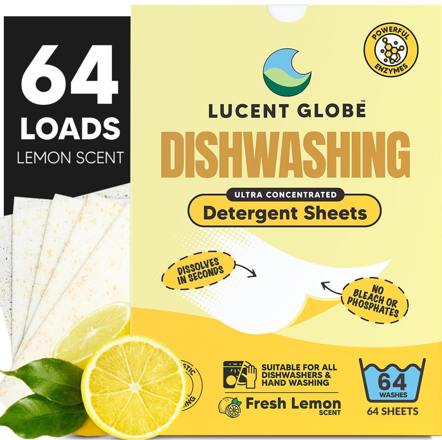 Lucent Globe Dishwasher Detergent Sheets - Powerful Clean for Dishes, Pots & Pans - Free from Harsh Chemicals - No Bulk or Spills - Multi-use for Dishwasher & Handwashing (Lemon Scent)
