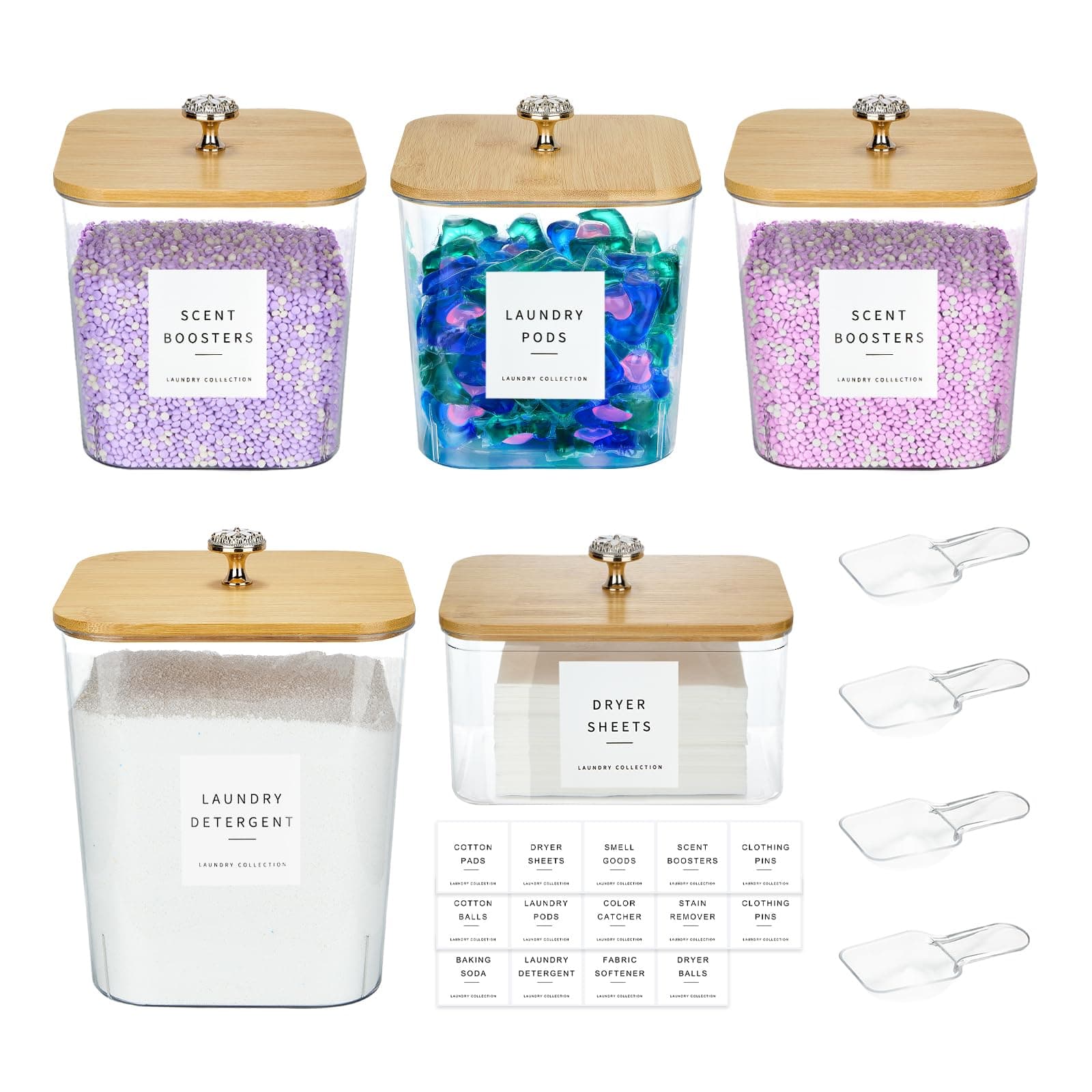 5 Pack Laundry Pod Containers and Dryer Sheet Holder for Laundry Room Organization Acrylic Jars with Lids and Labels for Laundry Detergent Laundry Pods Dry Sheet Organizing