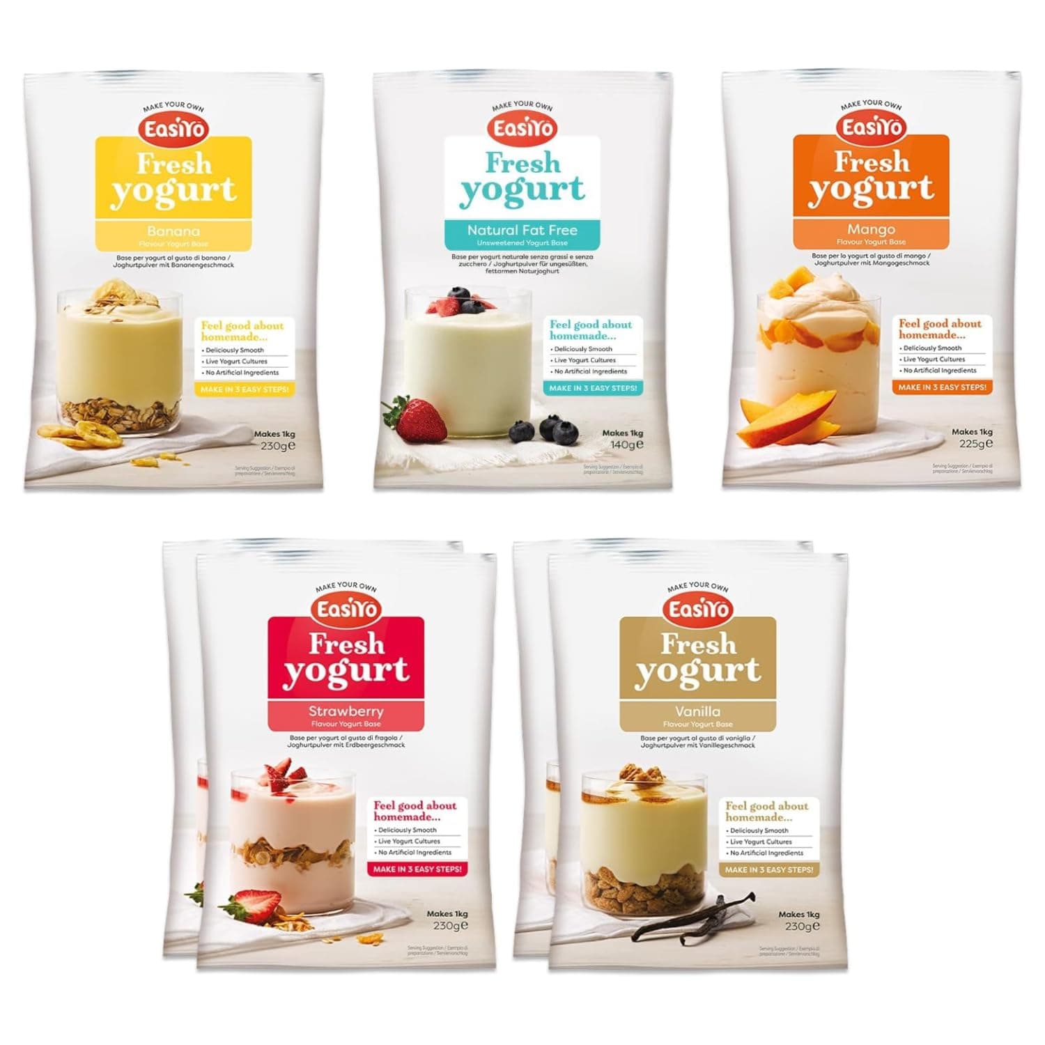 Yogurt 7 Sachet Pack | EasiYo Mixed Pack | 2 x Strawberry 2 x Vanilla 1 x Banana 1 x Mango 1x Natural Fat Free | Each Sachet Makes 1kg of Yogurt