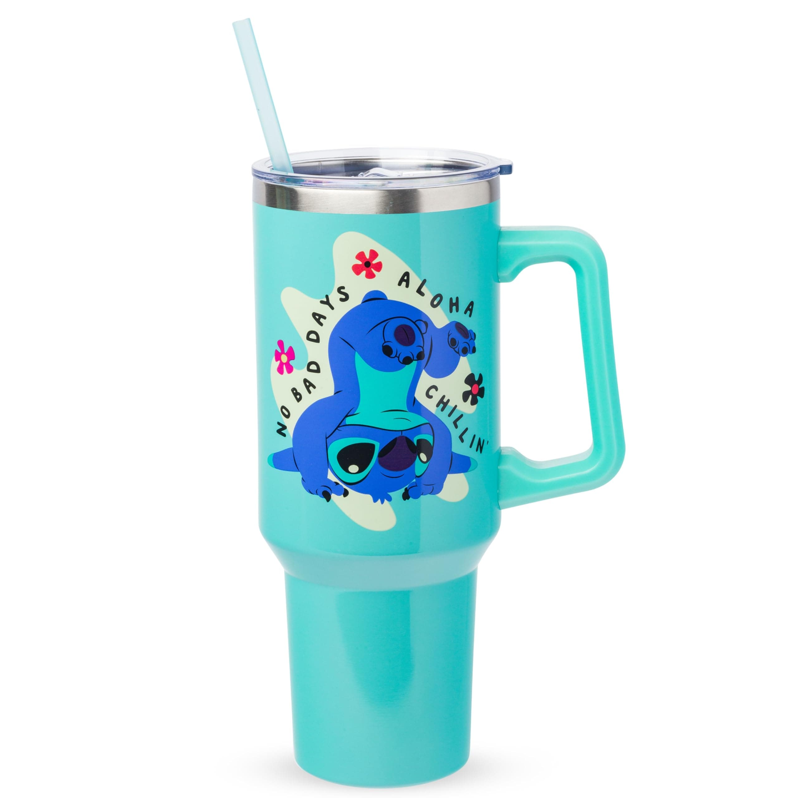 Disney Lilo and Stitch Aloha No Bad Days Chillin’ Double Walled Stainless Steel Tumbler with Handle and Straw, Fits in Standard Cup Holder, 40 Ounces