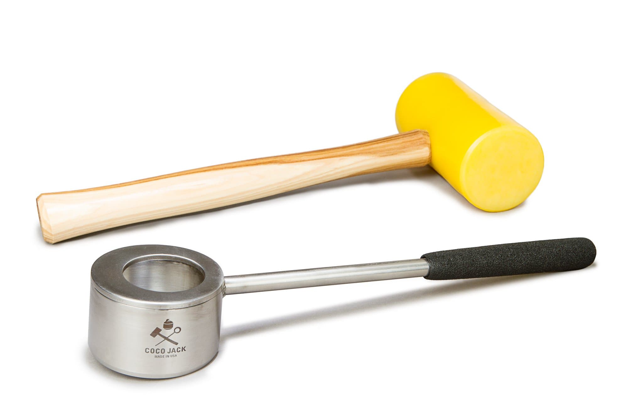 Coco Jack - Coco Opener Set - Young Coconut Opener with Shock Absorb Grip - Stainless Steel and Yellow Plastic Mallet with Wooden Handle - Coco Opening Tool Set Includes 1 Jack, 1 Mallet - Pack
