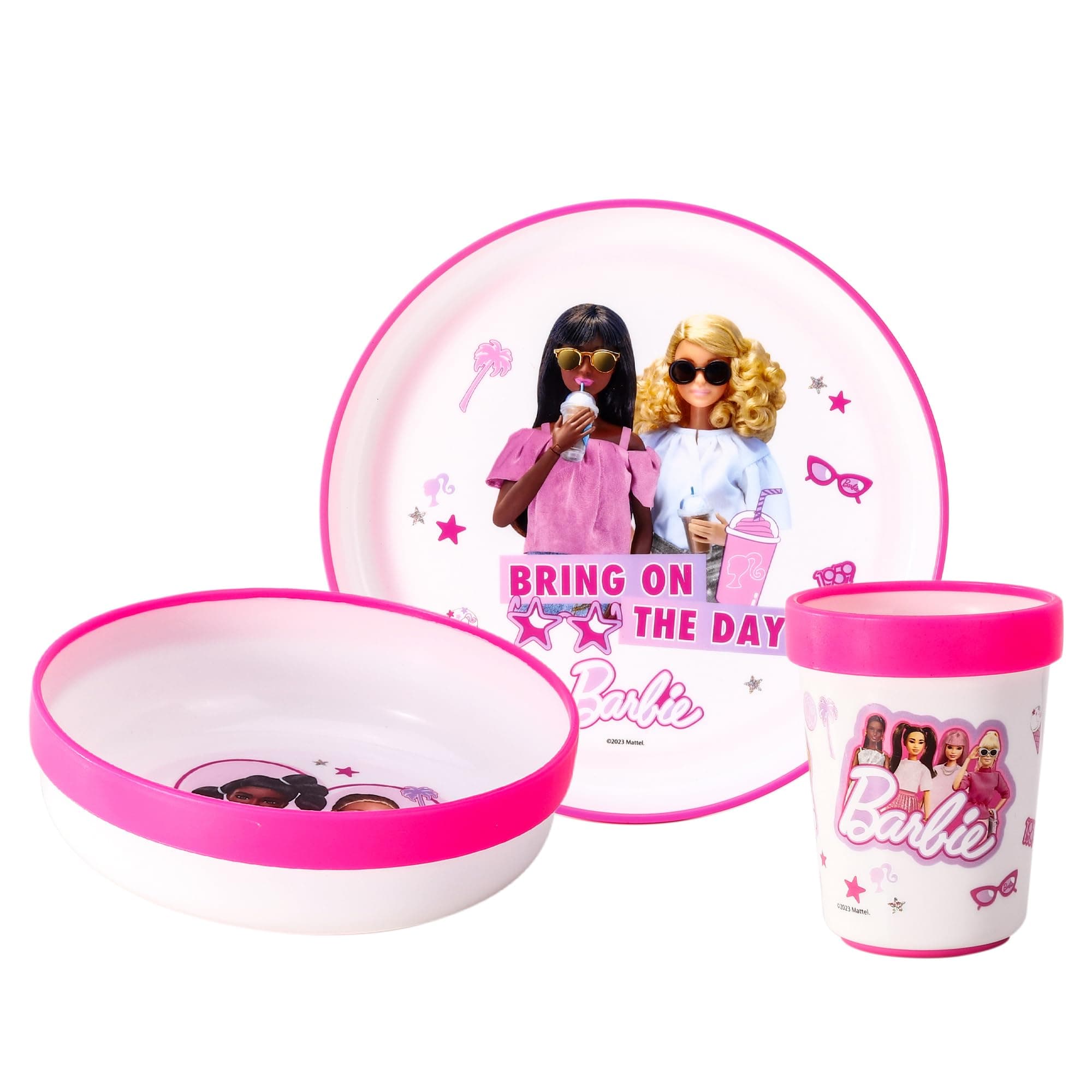 3pcs Reusable Bicolor Premium Kids Dinner Tableware Set Plate, Bowl & Tumbler, BPA Free (Barbie)
