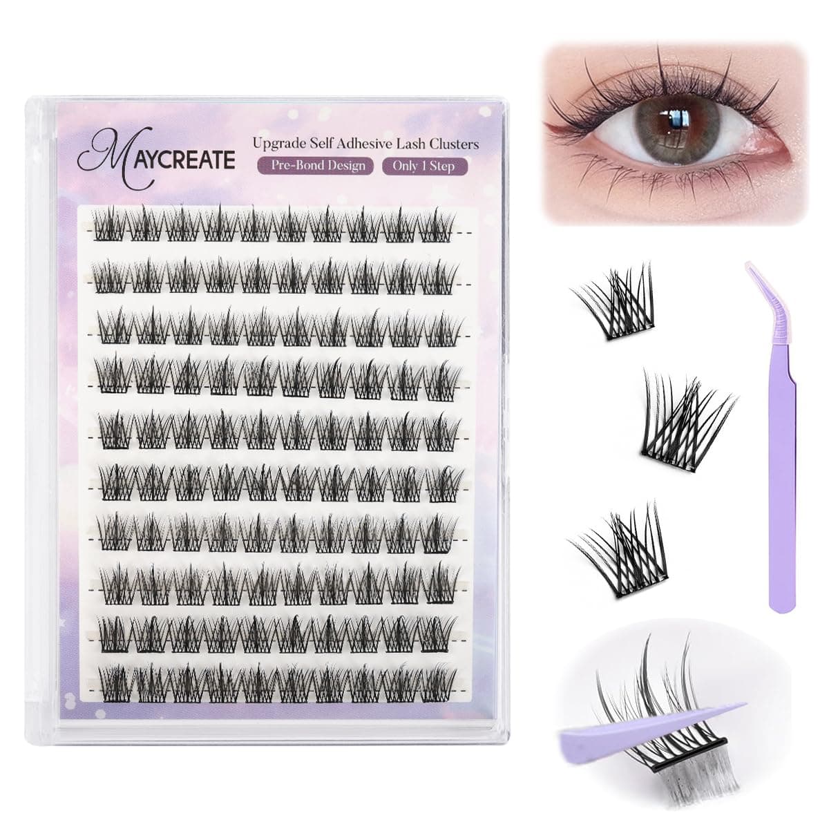 - MAYCREATE® 100Pcs Self Adhesive Eyelashes, Self Adhesive Eyelash Clusters, Lash Cluster Press On Lashes Stick Cluster Lashes Pre Glued Eyelash Clusters with Tweezer No Glue Needed, 11-13mm