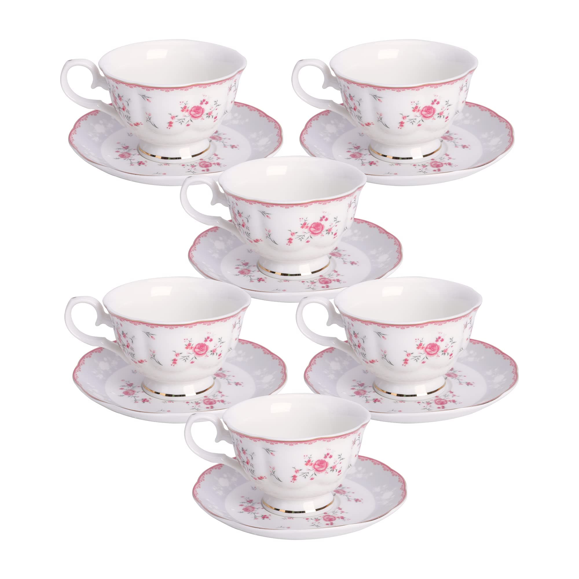 Pink Rose Tea Cup and Saucer Set for 6, British Vintage Afternoon Cup Set, Porcelain Coffee Cup with Gold Border, 150ml