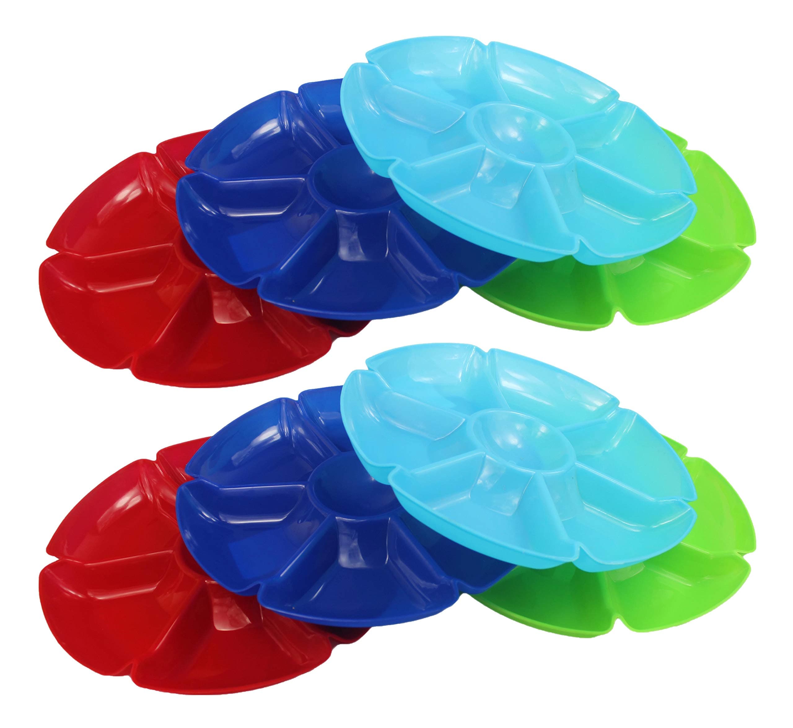 Black Duck Brand Chip N Dip Hard Plastic 12-Inch Round Serving Trays - 7-Section, Set of 8, Assorted Colors