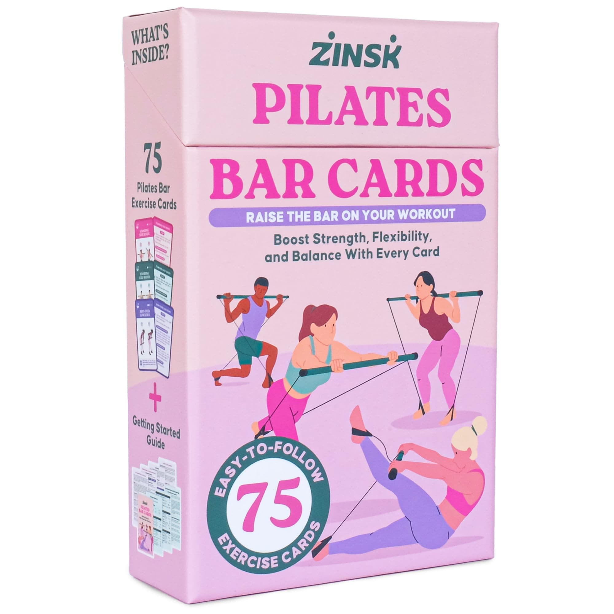Zinsk 75 Pilates Bar Exercise Cards – Create Home Workouts that Sculpt and Tone – 3" x 5" Cards with Full Instructions – Includes Getting Started Pamphlet with 8 Pre-Made Routines
