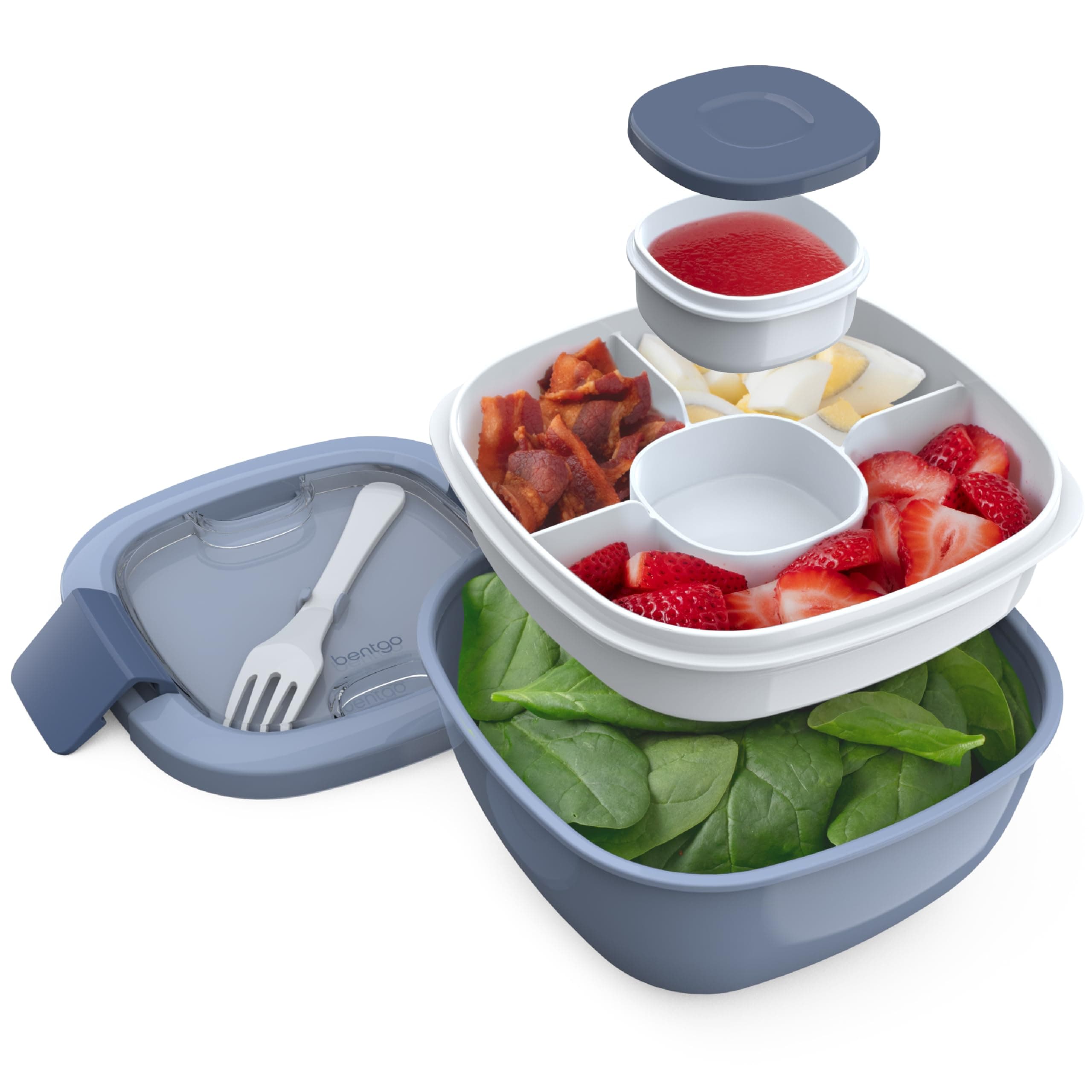 Salad Container - 54 oz Bowl with 4-Compartment Toppings Tray, Leak-Proof Dressing Container, Reusable Fork, BPA-Free Lunch Box for Meal Prep & Food Storage; Removable Bento Tray (Slate)