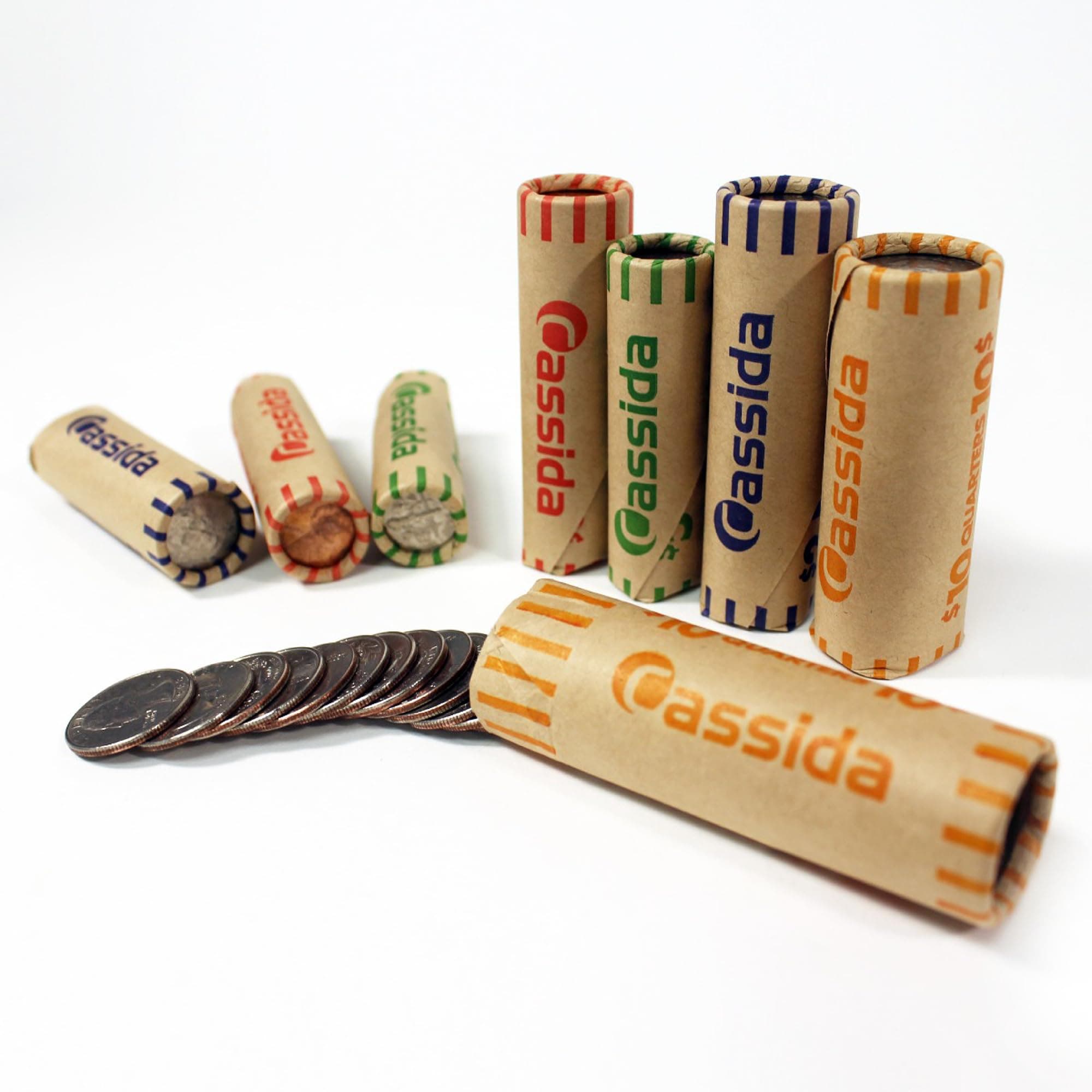 Cassida Preformed Coin Roll Wrappers. 100 Assorted Pack (Penny, Nickel, Dime, Quarter) Durable Preformed Paper Tubes Crimped on One End - Federal Reserve and ABA Standards (A-CWAP)
